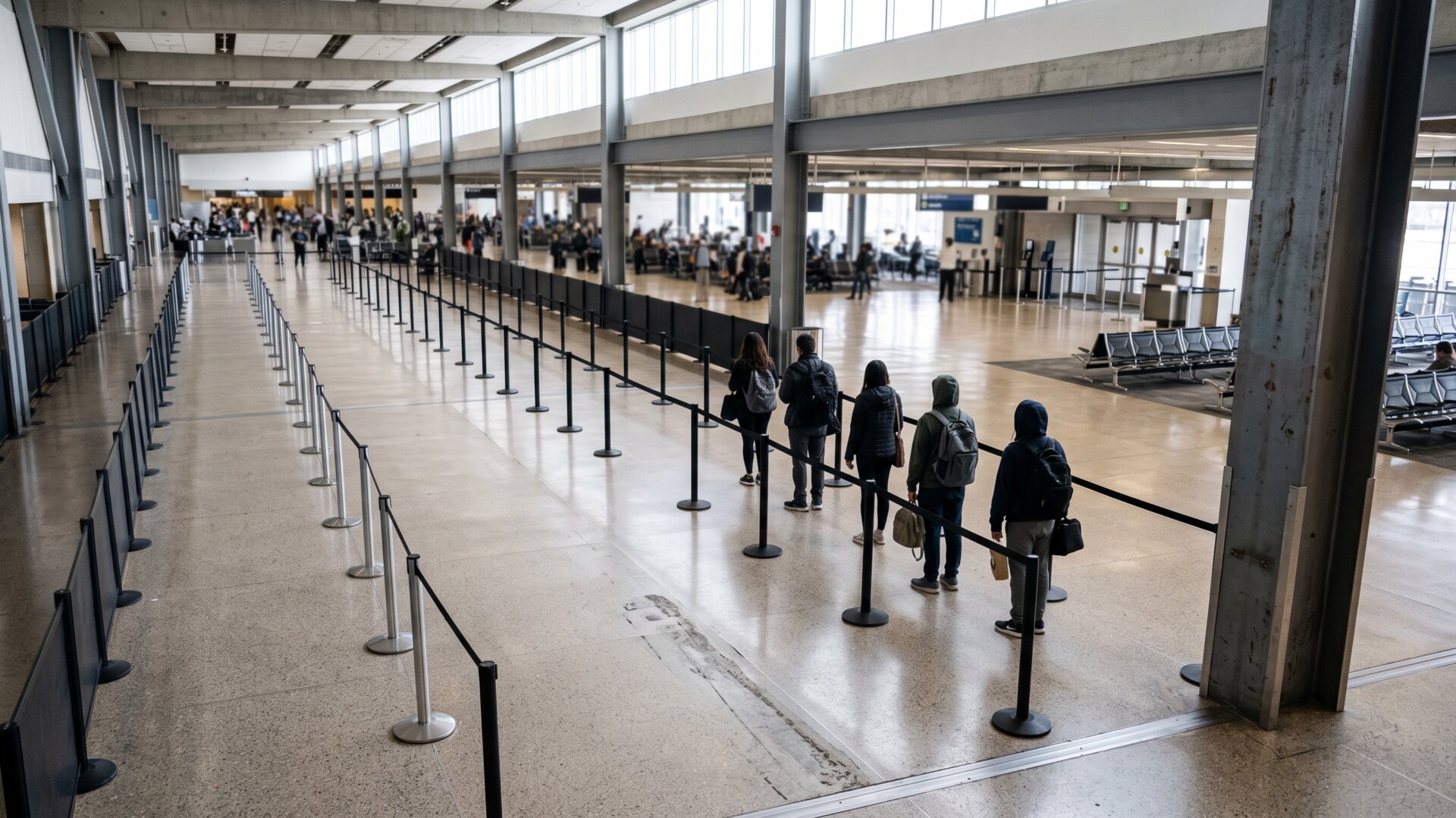 Two divided queue lanes in an airport hall, the physical shape of the lane separation that PreCheck expansion in slide 6 depends on.