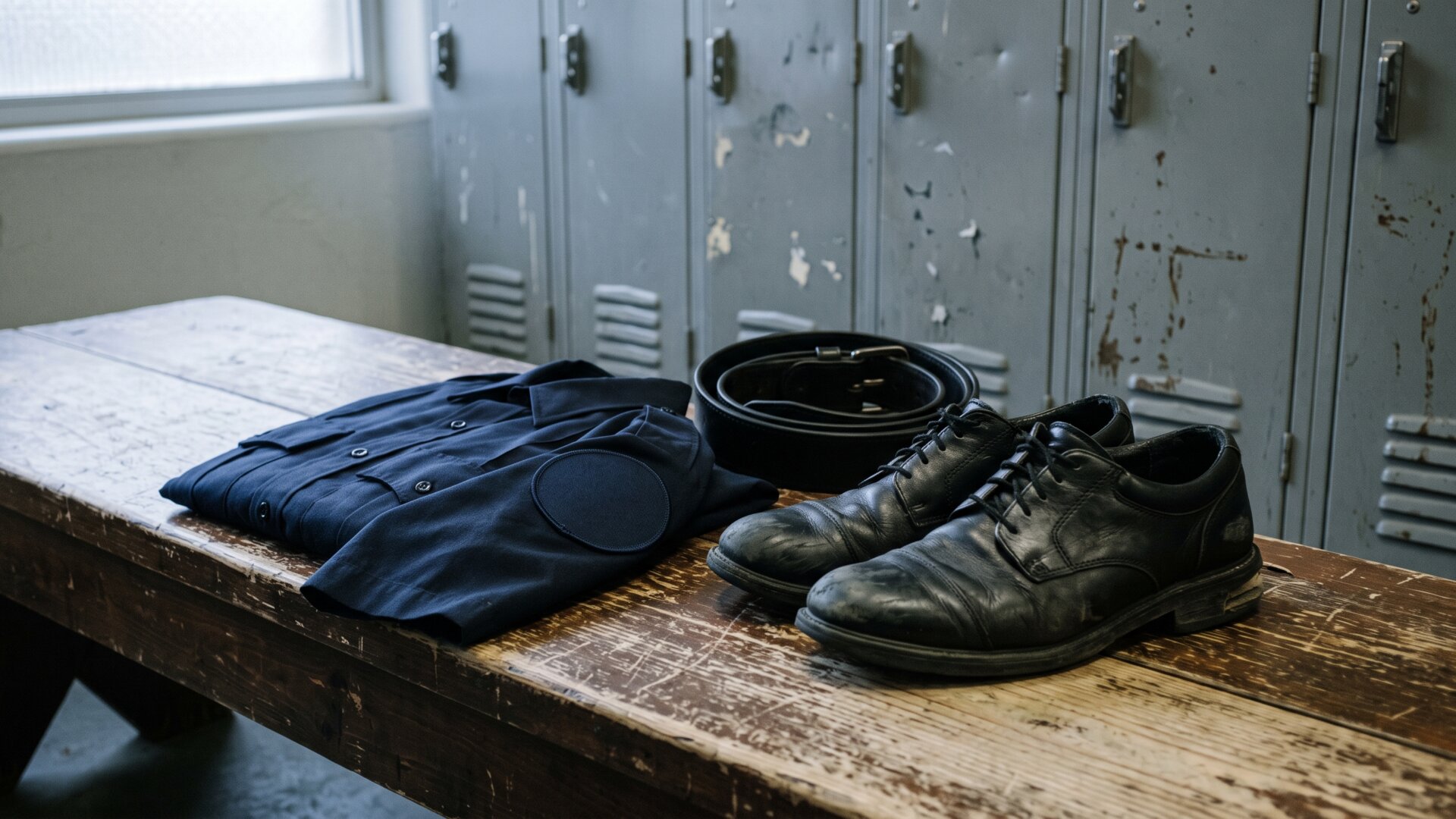 A folded uniform shirt and worn duty shoes arranged on a locker bench, standing for slide 7's fitness for duty language without rendering any officer.