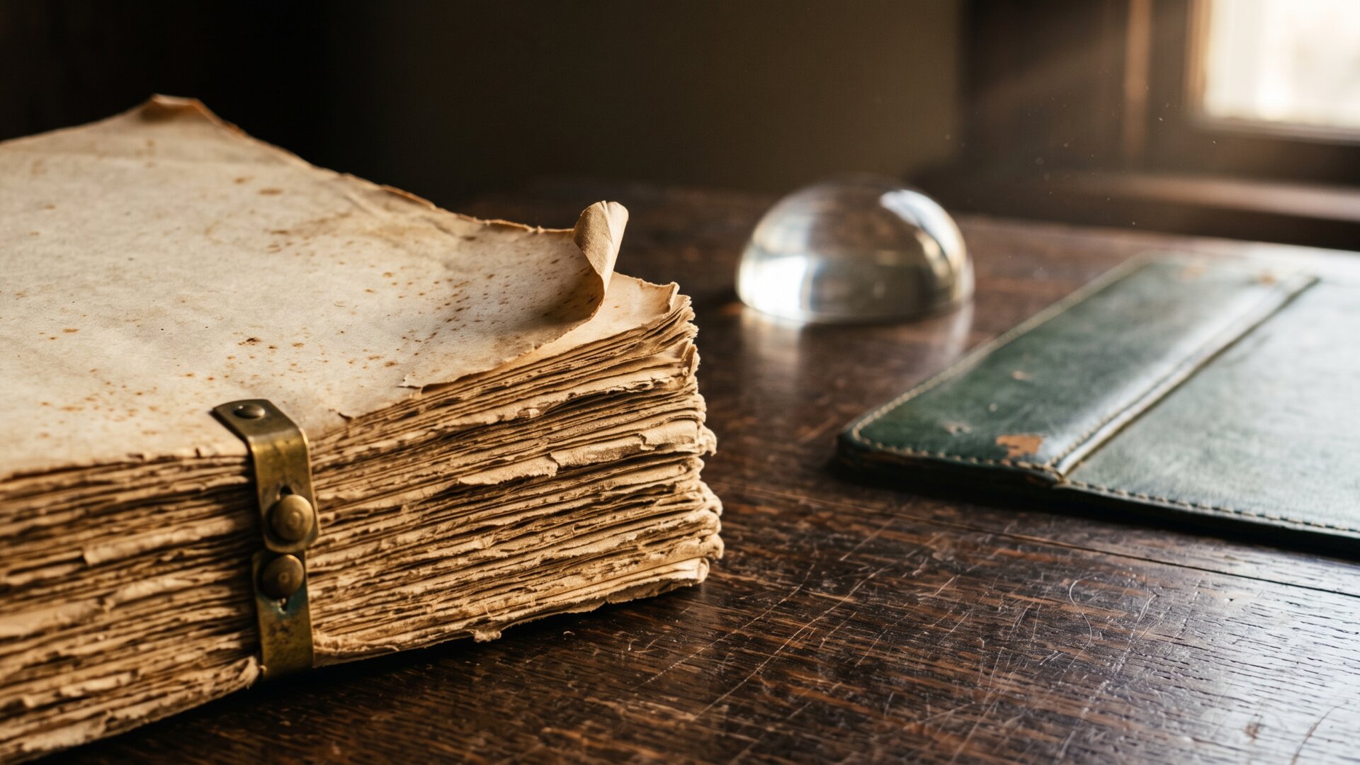 An aged paper document binder on a desk, representing the 2001 statute discussed in slide 8 through a physical archival object rather than a depiction of its signing.