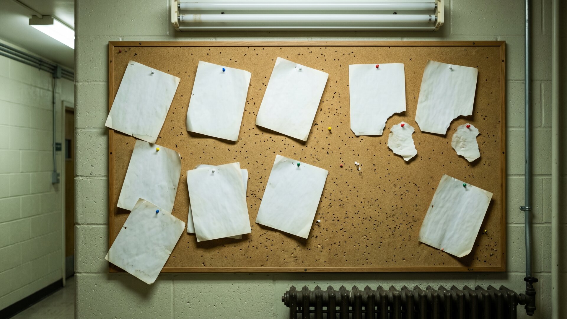 A union-style bulletin board with blank posted sheets, matching slide 9's point that notification is itself part of the dispute.