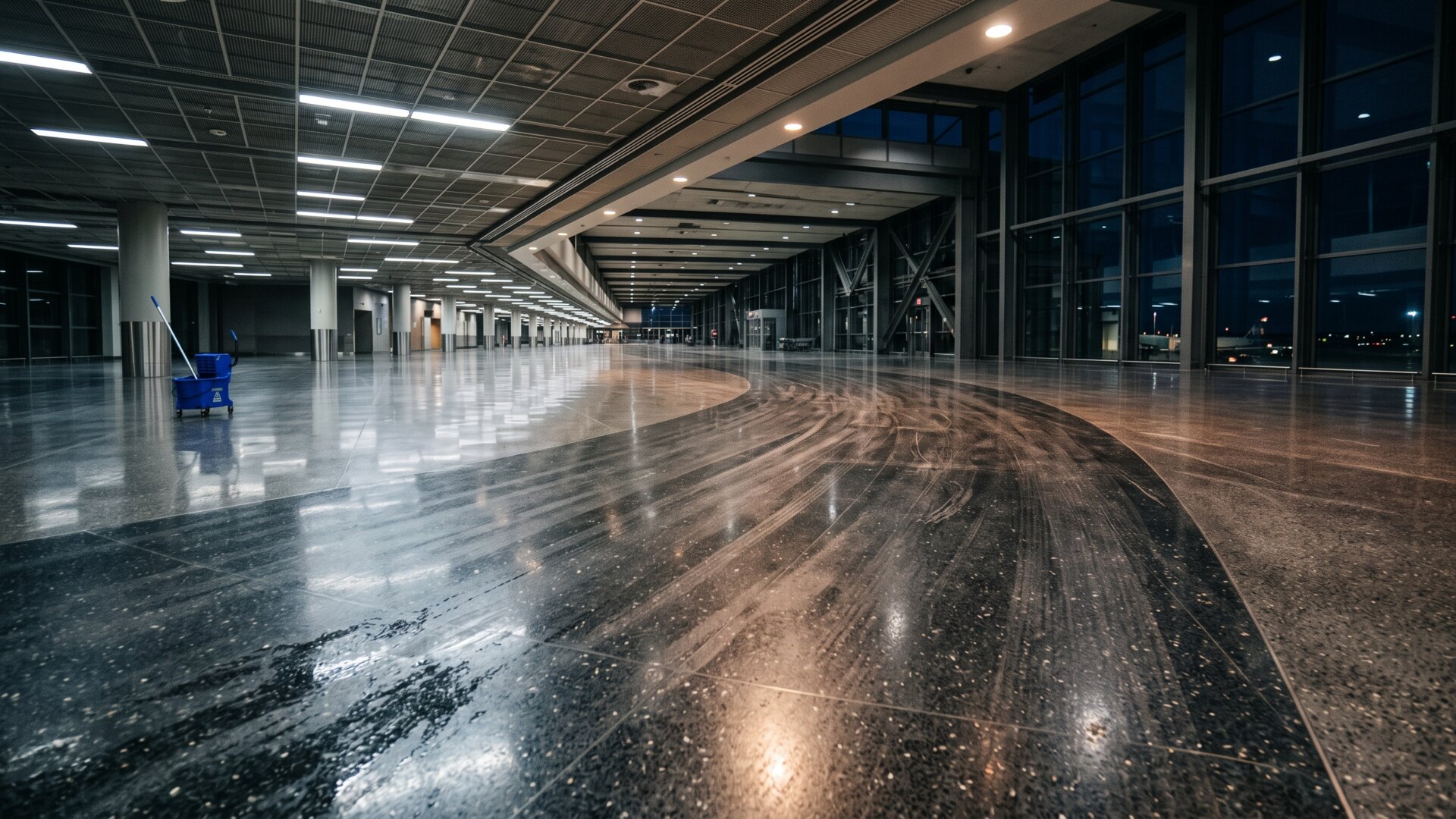 An empty terminal floor at the end of a shift, carrying slide 10's closing point about a full shift spent standing on a hard surface.