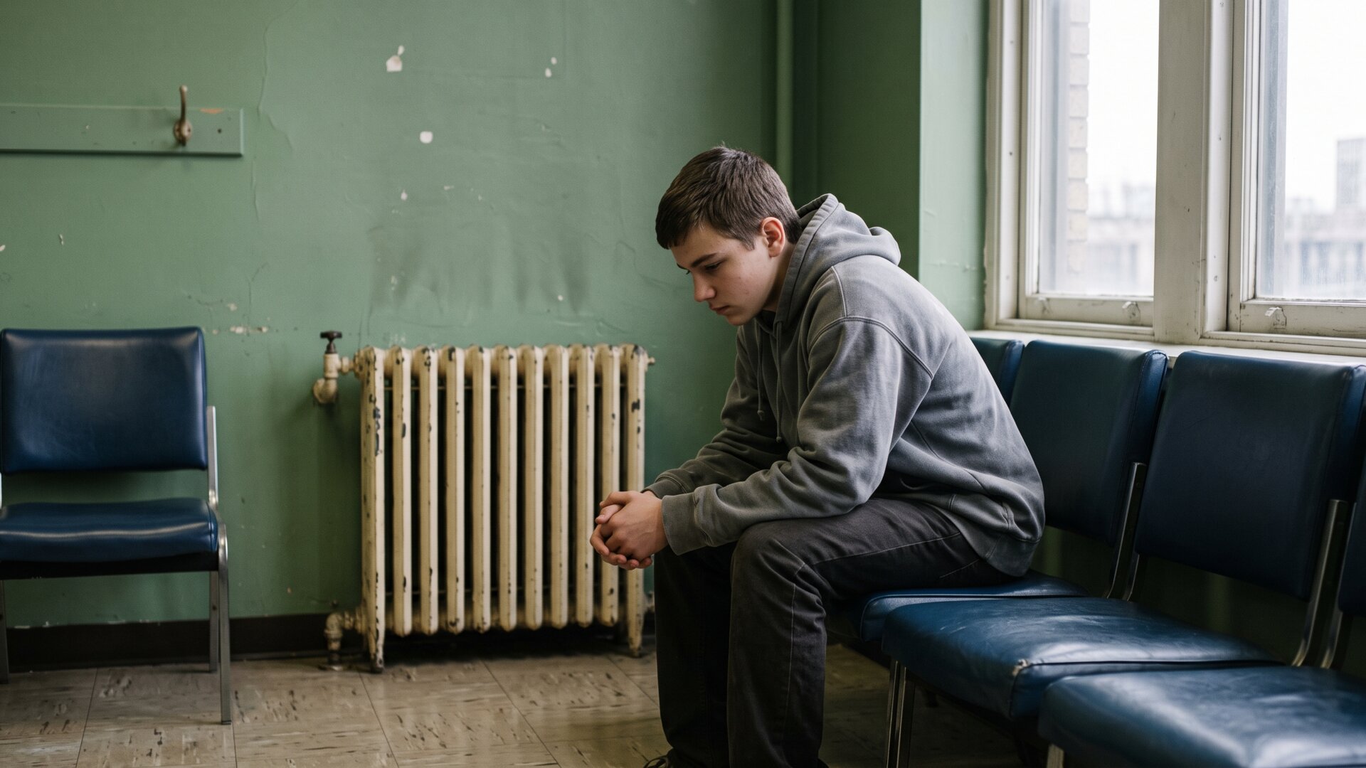 A hospital waiting area with a teenager seated at distance, reflecting slide 2's point that younger people may carry less prior H1N1 immunity.