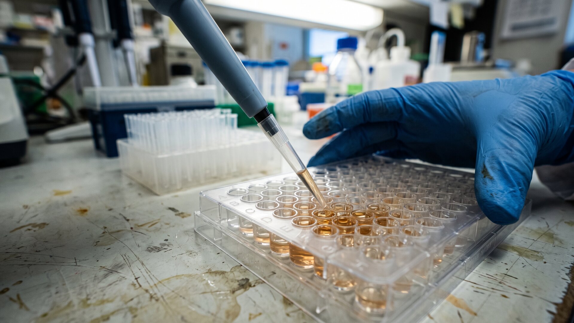 A gloved hand pipetting into a well plate, matching slide 3's antibody studies that tested recognition of the G155E mutation.