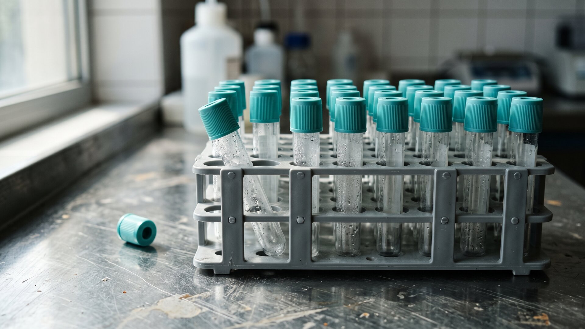 Racked specimen tubes in a laboratory, the physical basis of the test positivity percentages explained in slide 4.