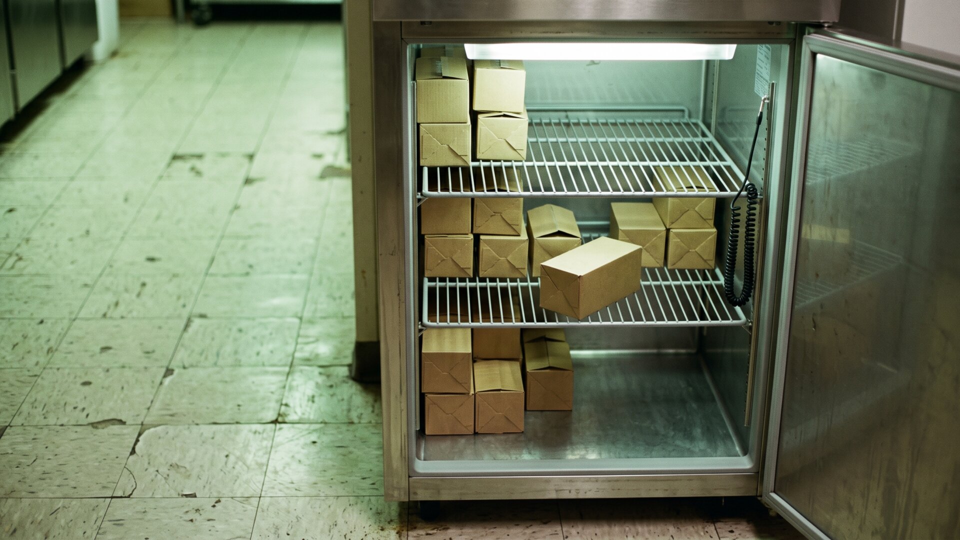 A pharmacy refrigerator holding boxed vaccine stock, matching slide 6's survey of the shots available this season.