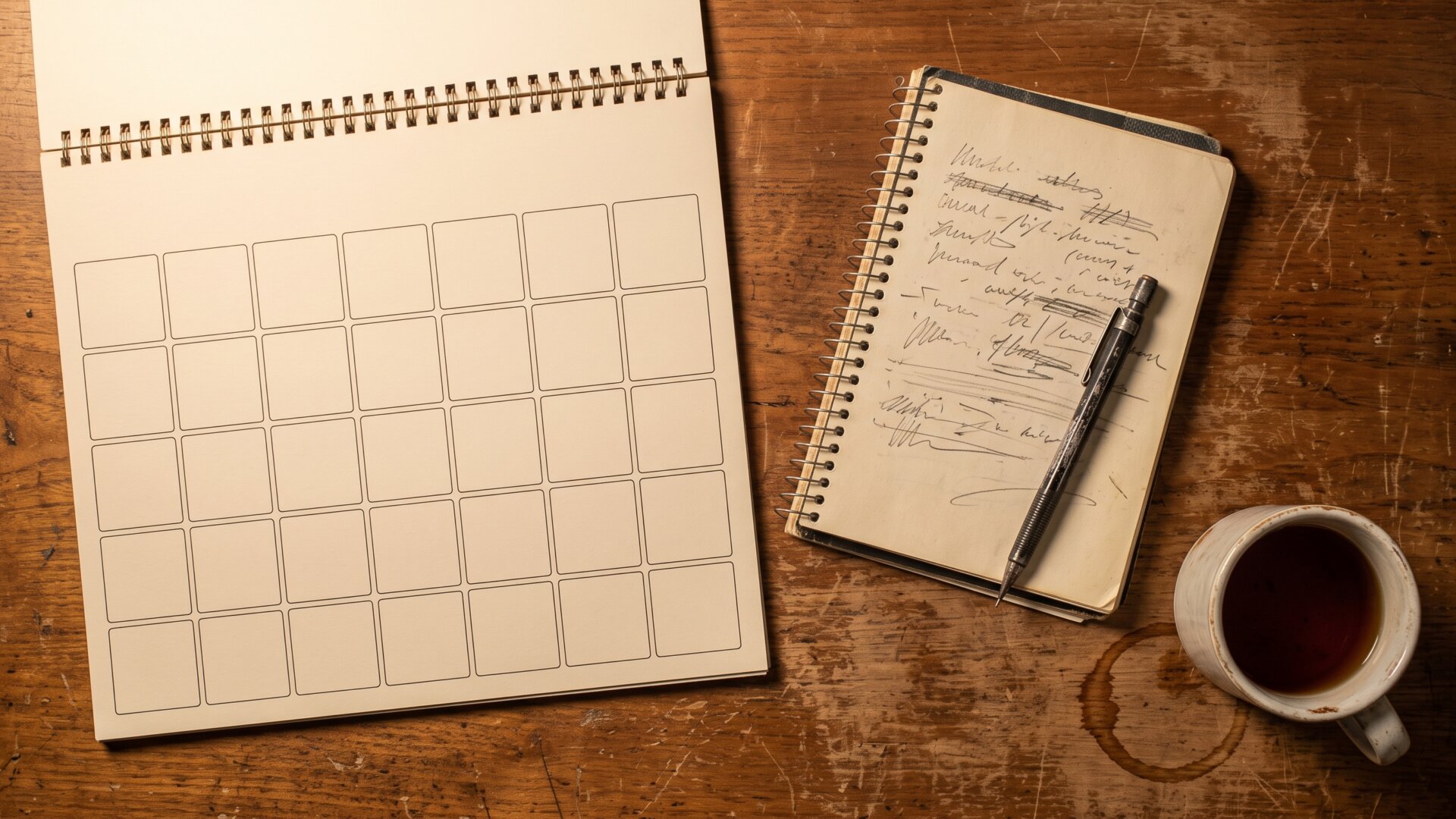 A wall calendar and handwritten production notes on a desk, illustrating slide 7's months-ahead strain selection timeline.