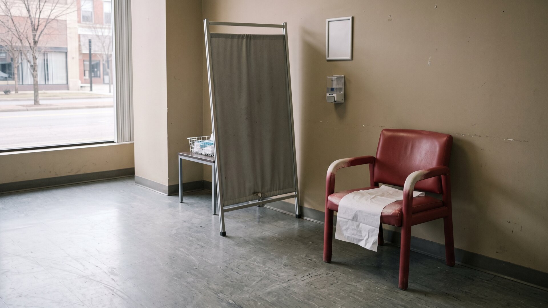 A near-empty pharmacy immunization chair, standing in for slide 8's decline in adult and child vaccination numbers.