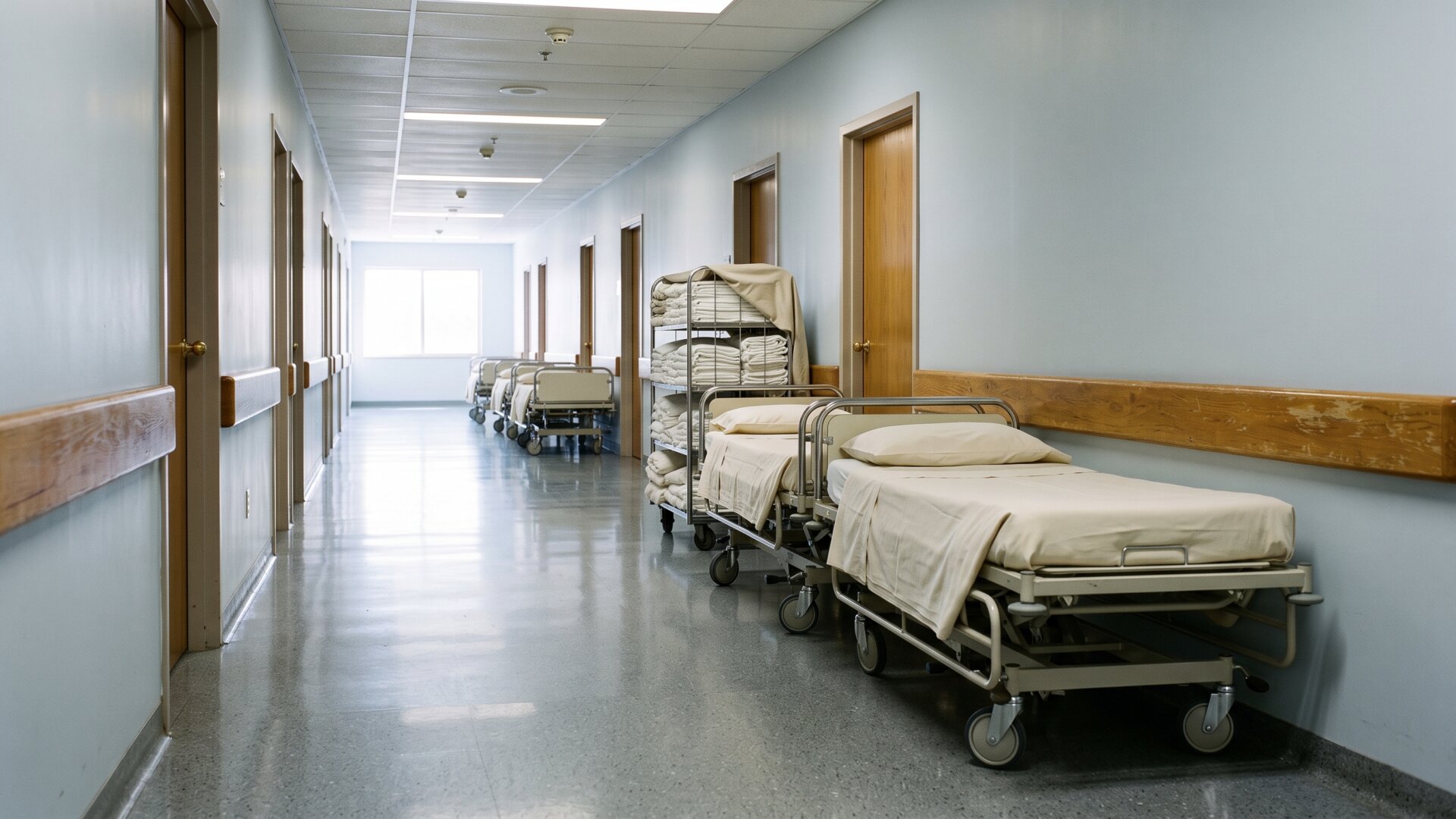 An empty hospital corridor with made-up beds, conveying slide 10's hospitalization figures without any patient or distress.