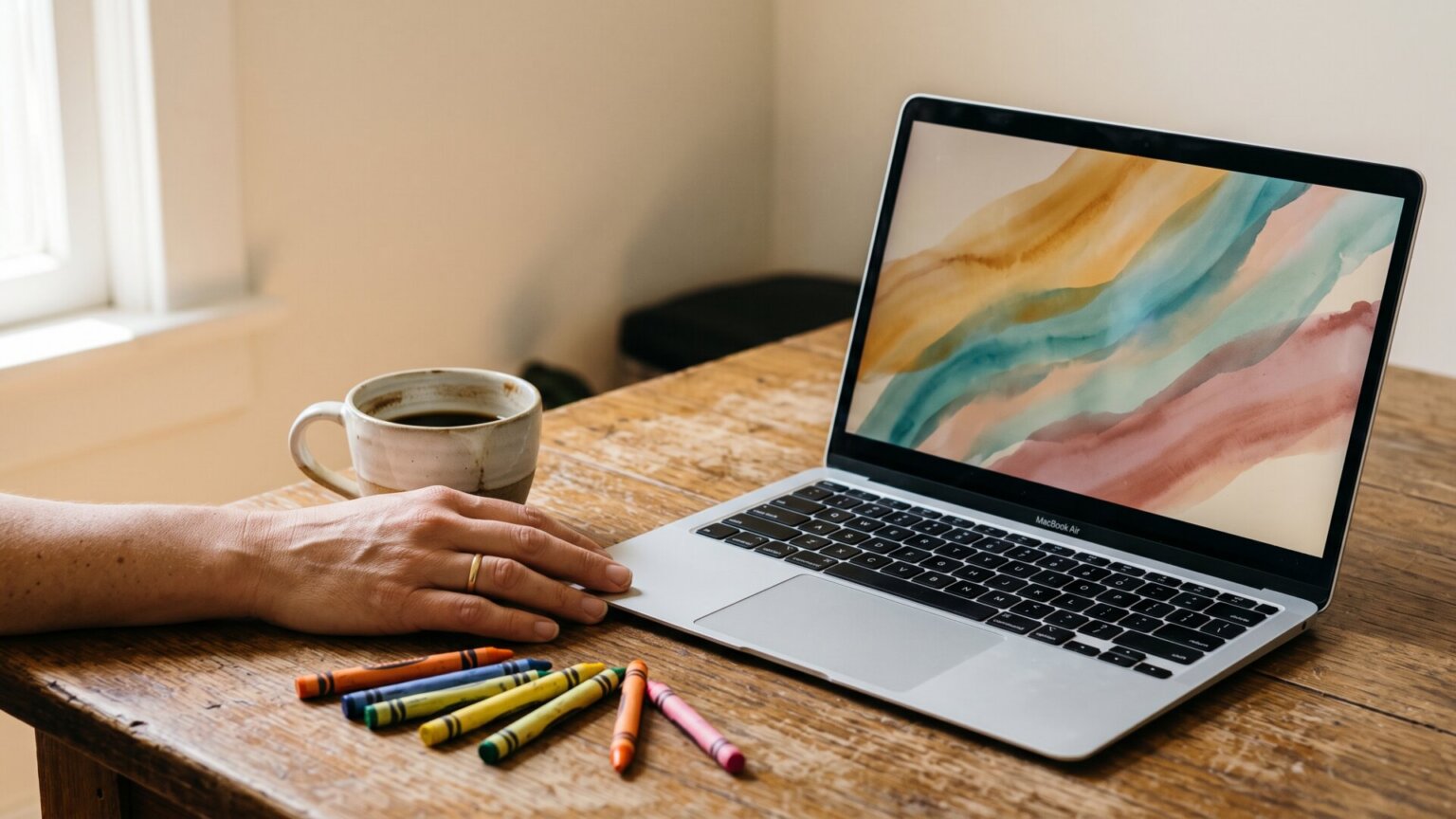 A laptop open on a kitchen table showing an abstract colored breakdown, with an adult's hand resting beside it, matching slide 1's scene of a parent reading ancestry results at home.