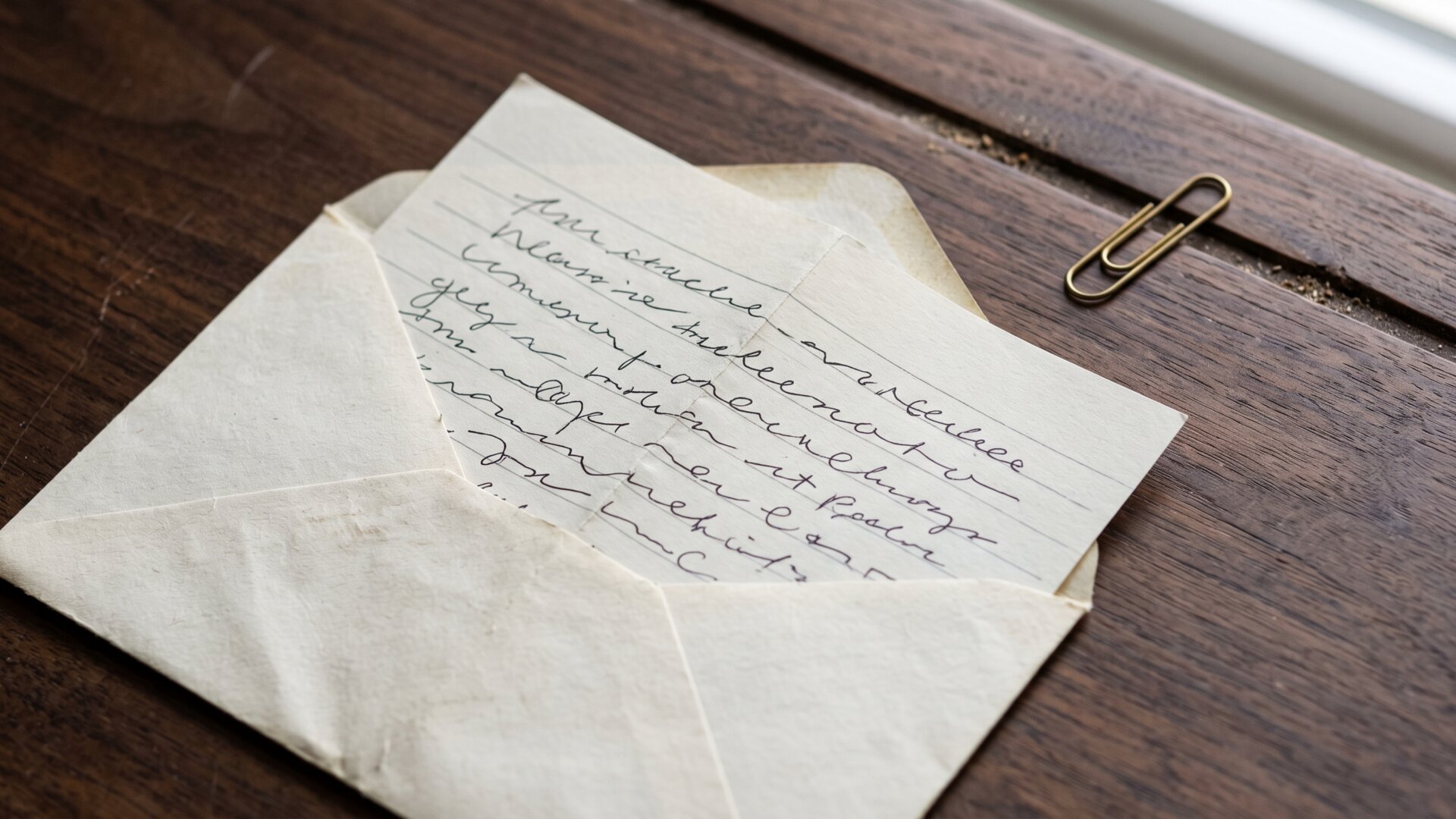 A handwritten family note tucked into an old envelope on a desk, standing in for slide 2's oral family account about a Lebanese great-grandfather that the test did not confirm.