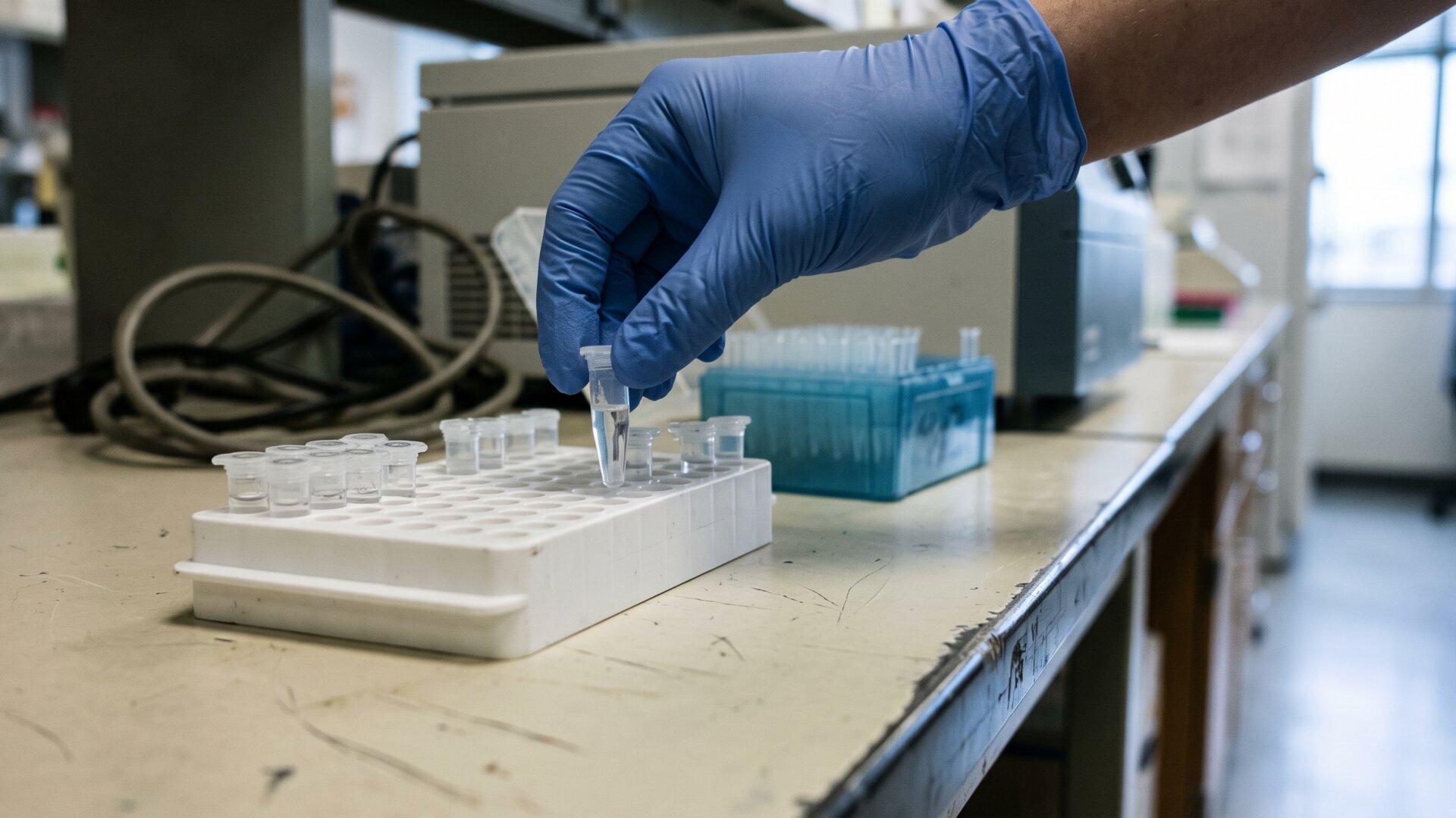 A gloved hand loading sample tubes into a laboratory rack, illustrating slide 3's explanation of how a genome is compared against reference panels.