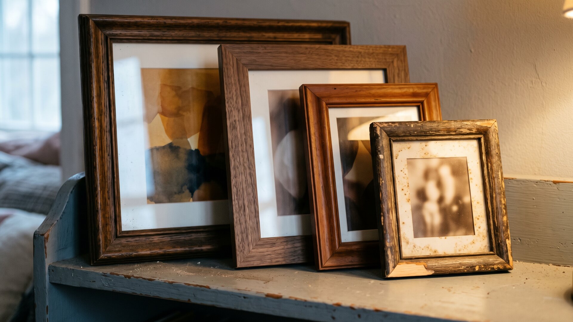 Four generations of framed portraits propped on a shelf, the oldest smallest and furthest back, matching slide 4's arithmetic of ancestral contribution shrinking by generation.