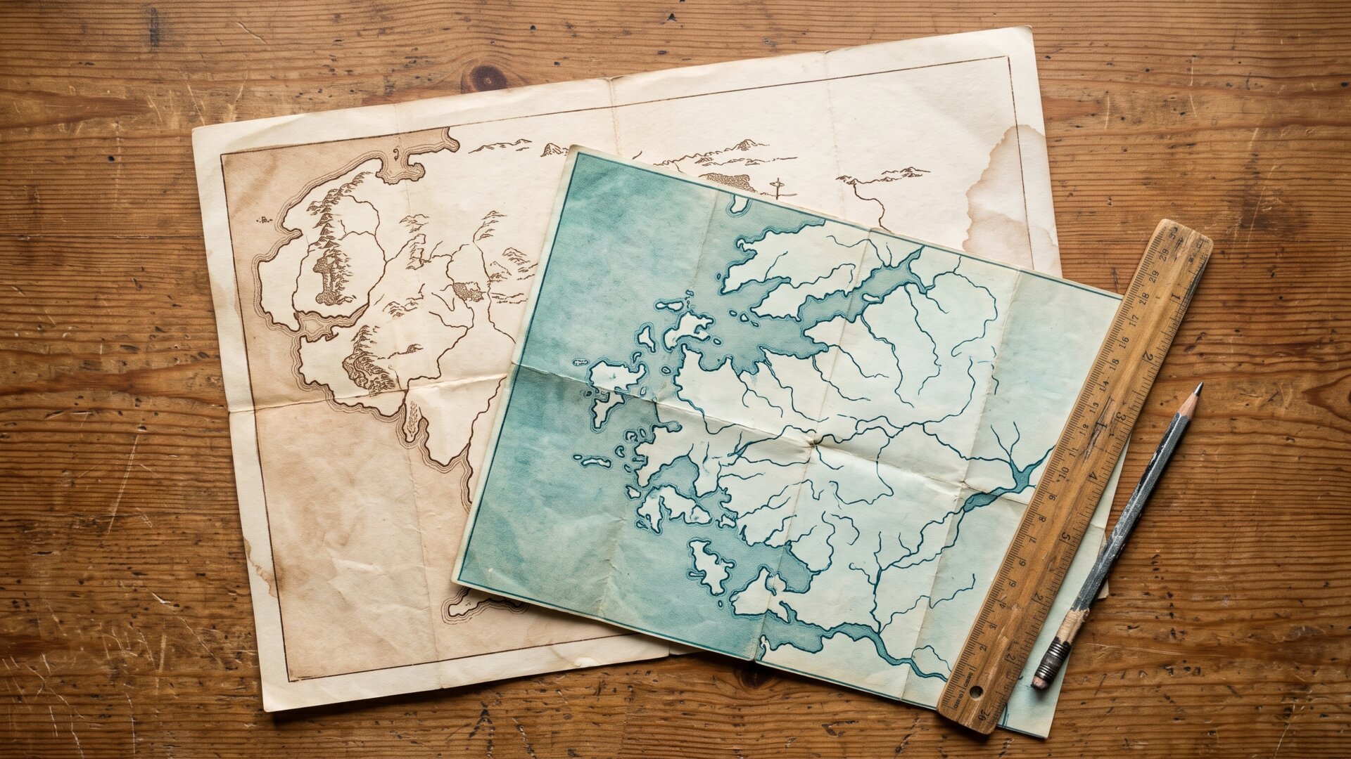 Two differently printed regional maps overlapping on a table, standing in for slide 5's point that competing companies divide the same map into different regions.