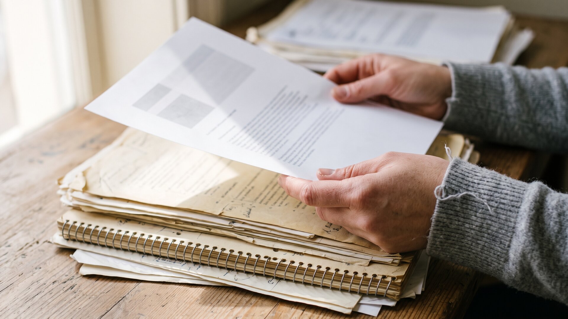 A single printed page held at the edge beside a stack of older documents, reflecting slide 6's framing of the report as one source among several.