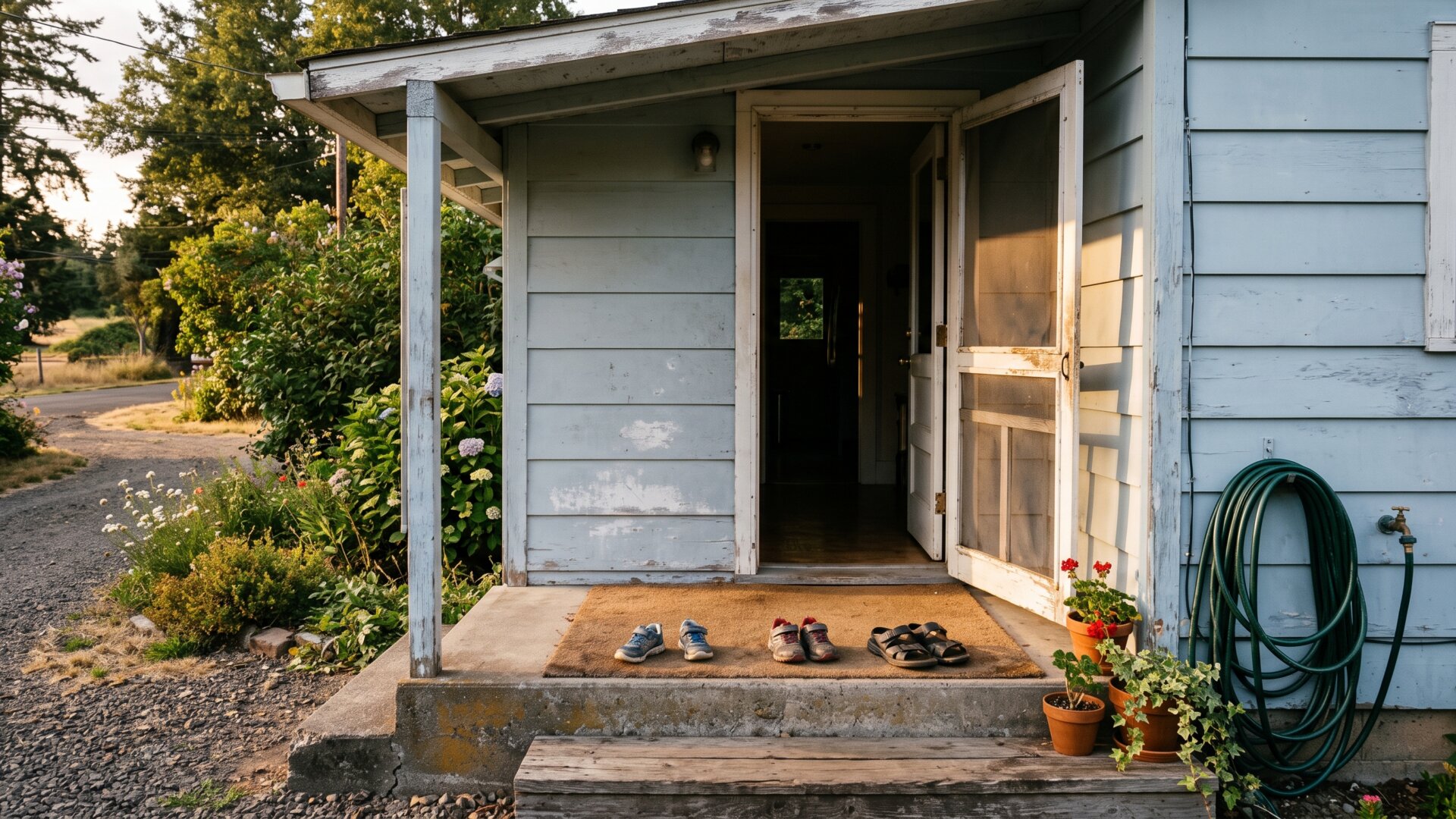 An ordinary suburban front porch with the door open and two sets of shoes outside, representing slide 7's description of a household that keeps contact with biological relatives.