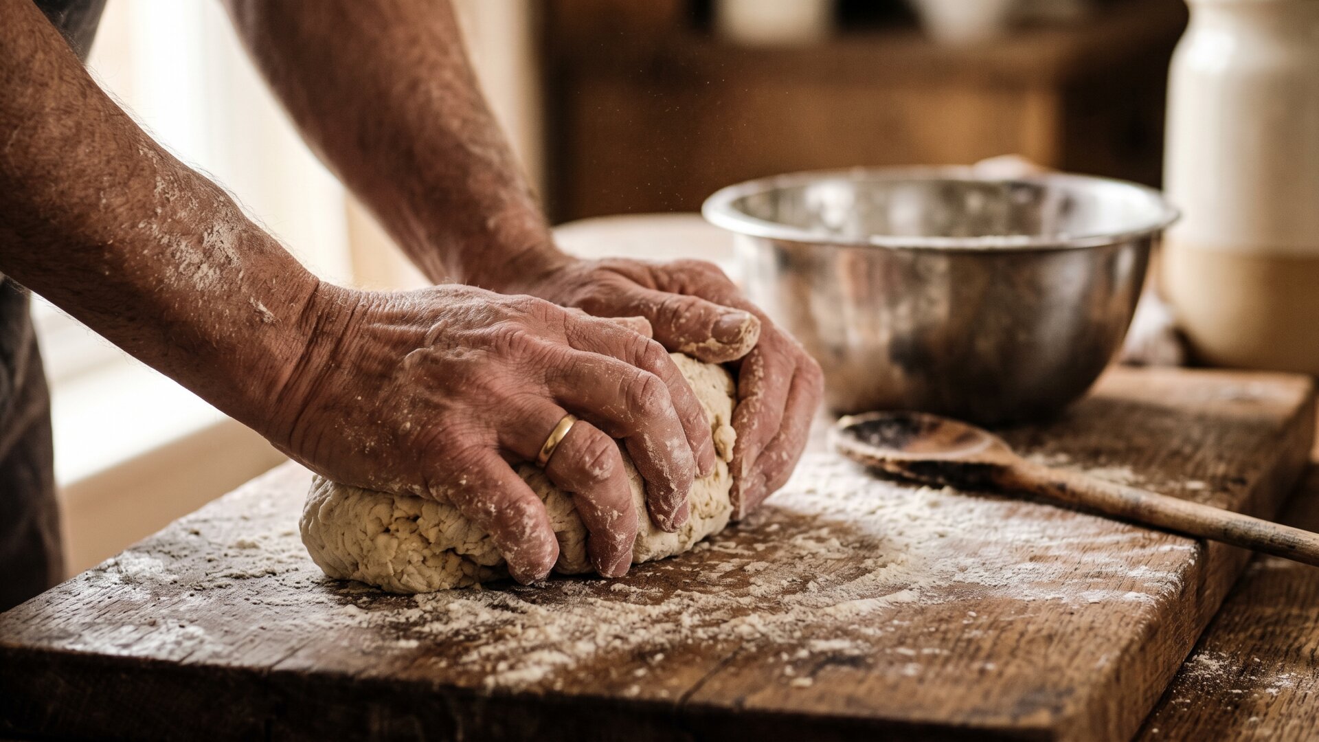 Hands kneading dough on a floured board, standing in for slide 8's account of a family heritage carried through everyday practice rather than paperwork.