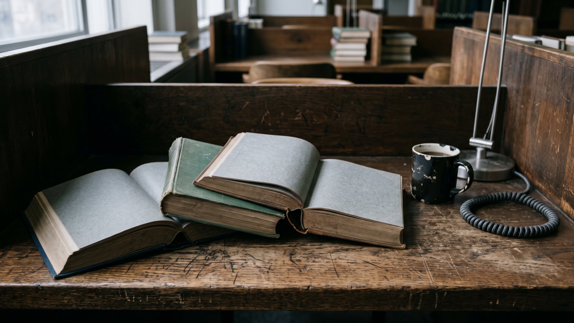A library carrel with bound academic journals open on the desk, matching slide 9's reference to published research on unexpected consumer test results.