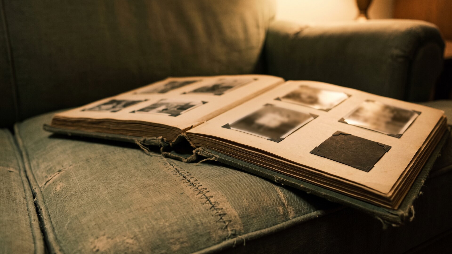 A worn family photo album open on a sofa with an empty mounting corner, closing on slide 10's point that a story grew rather than restarted.