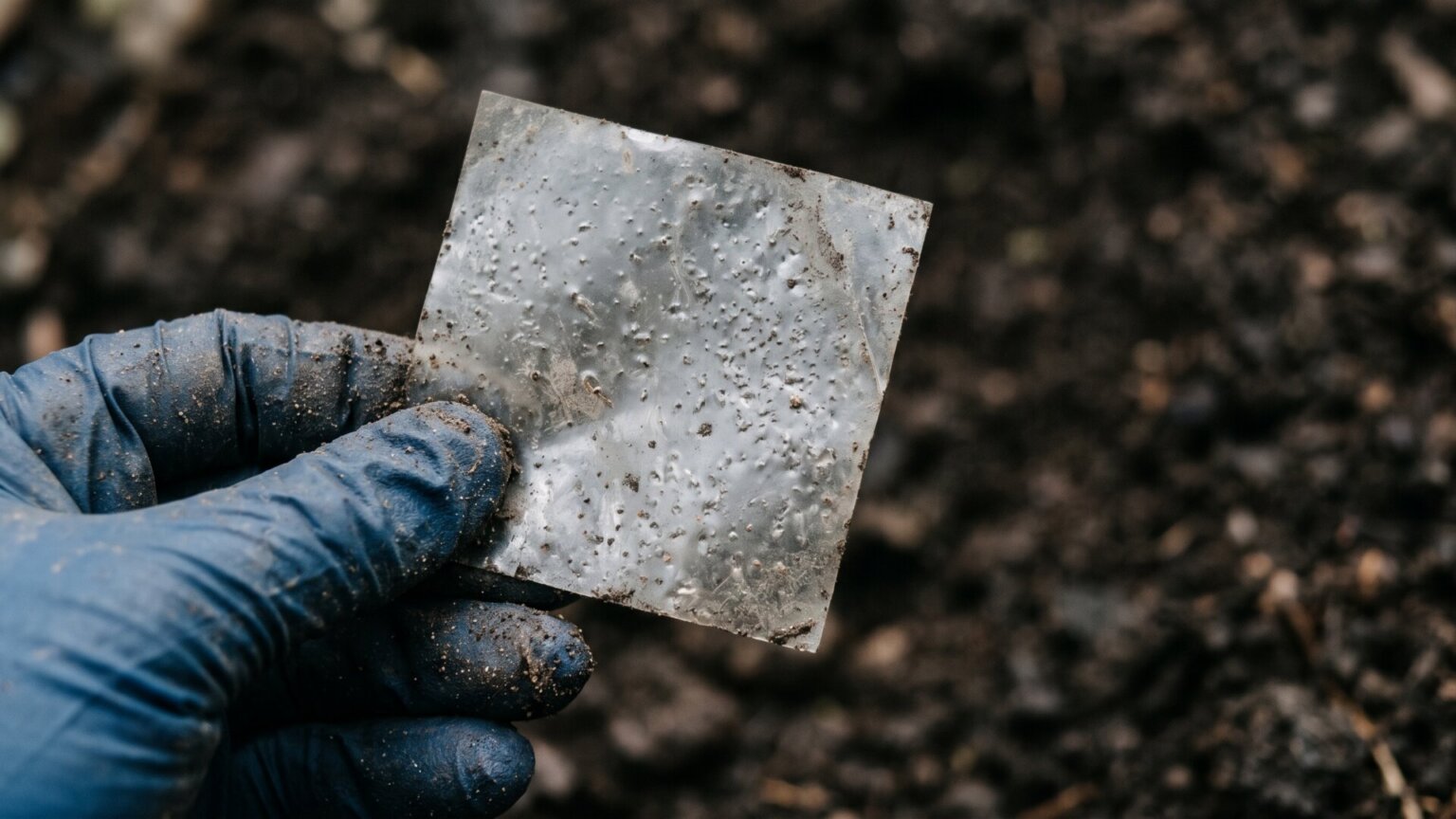 A single thin polymer film square held in gloved fingers against a dark soil background, standing in for the buried LCAP films at the center of the study.