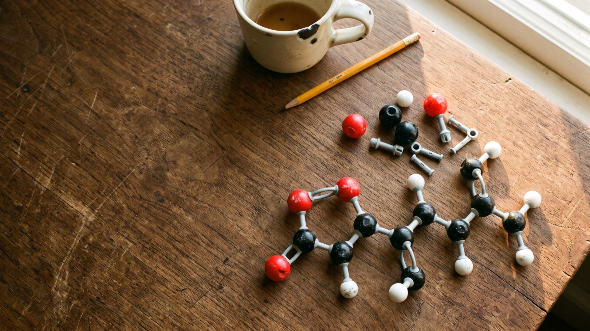A molecular model kit assembled on a desk, representing the shared ring-and-bond chemistry that links polyester breakdown and beta-lactam destruction.
