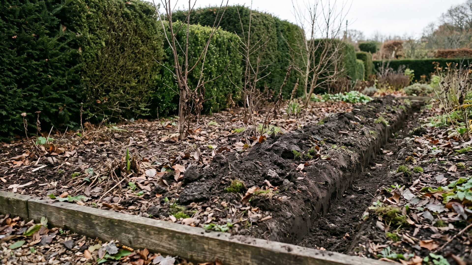 A temperate botanical garden bed with a shallow dug trench, matching the burial site where the films went four inches down.