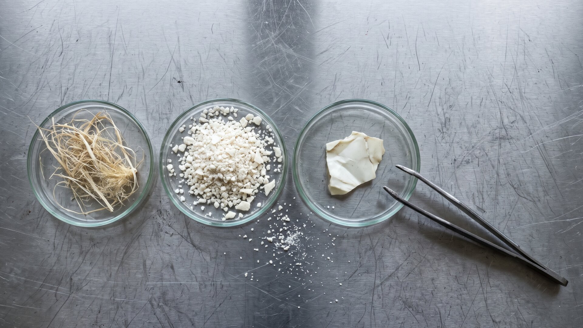 Three material samples laid side by side on a bench, standing for the cellulose, bioplastic, and polyethylene degradation comparison.