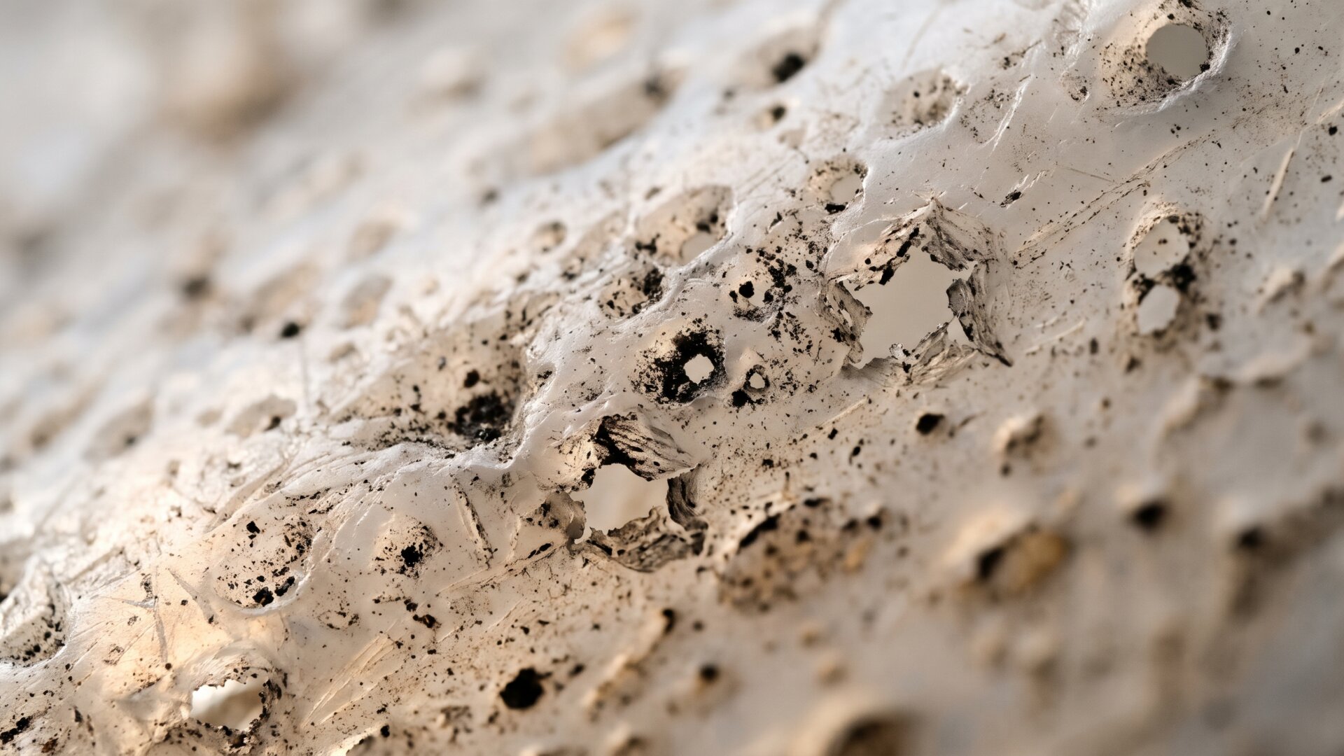 Macro detail of a pitted translucent film surface, corresponding to the cell-sized holes found under the electron microscope.