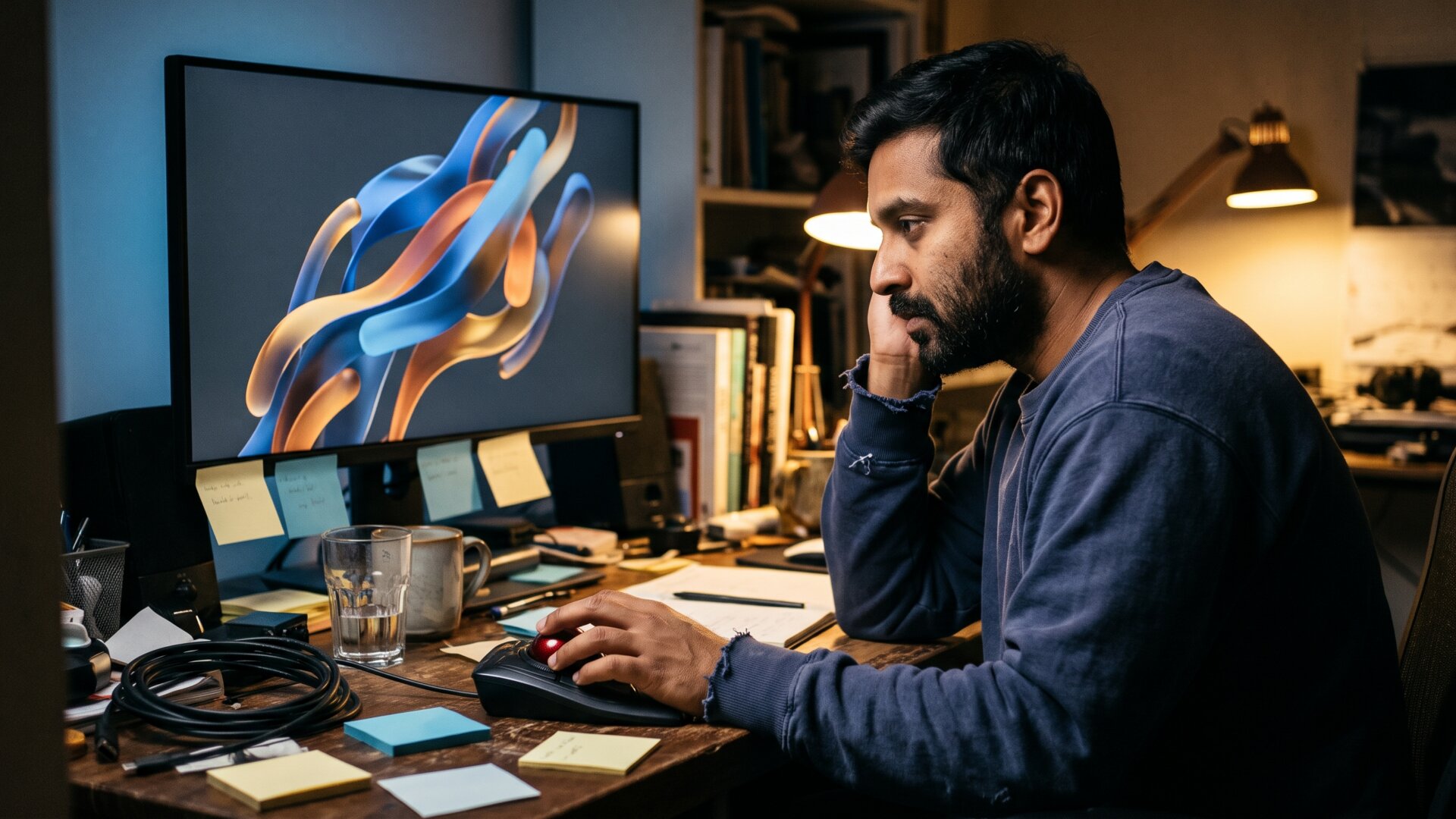 A researcher at a workstation with an abstract structural display, standing for the structural analysis that revealed the wide open active site.