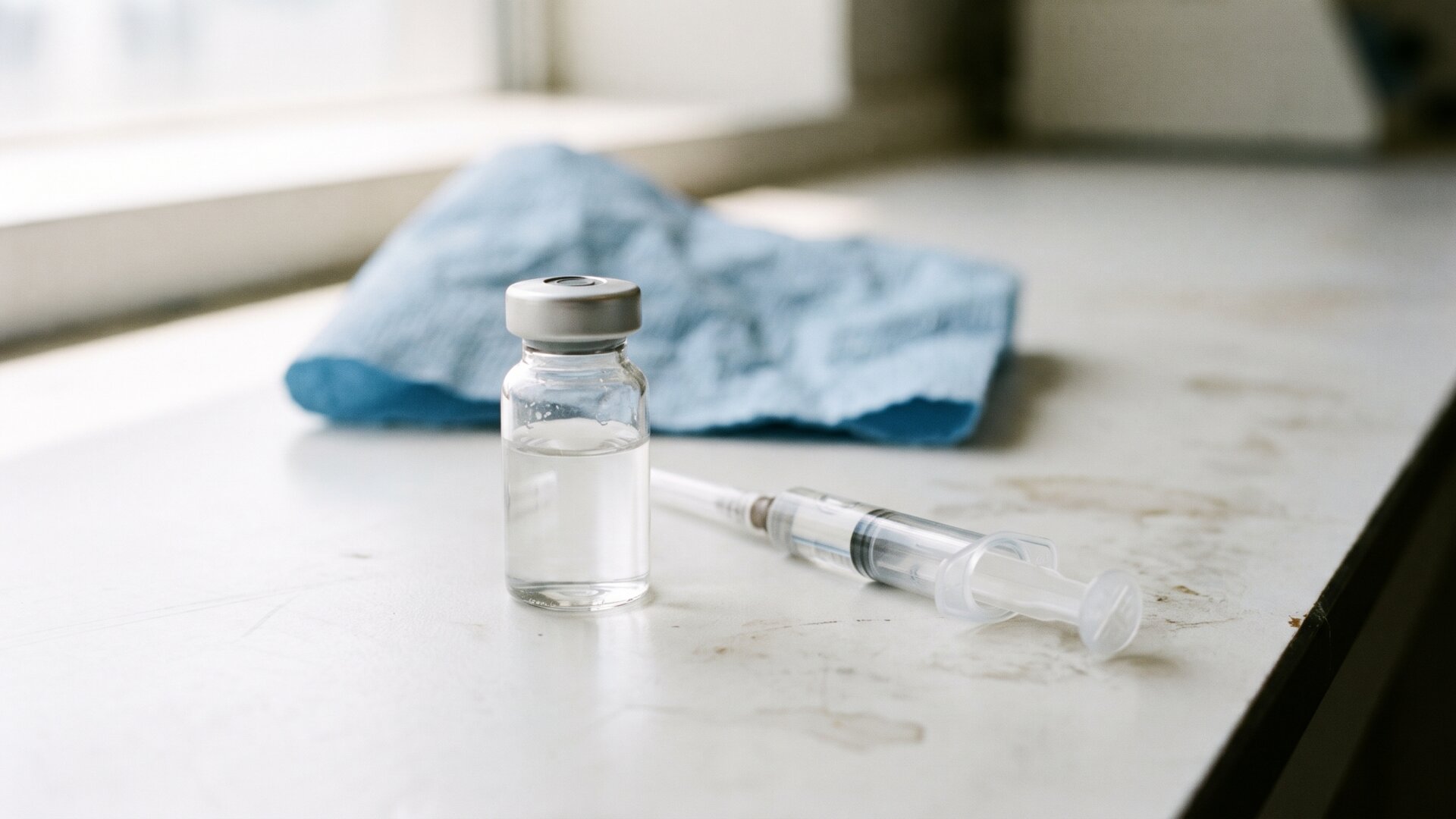 An unmarked glass vial and syringe on a bench, representing the penicillin G and ampicillin assays rather than any specific product.