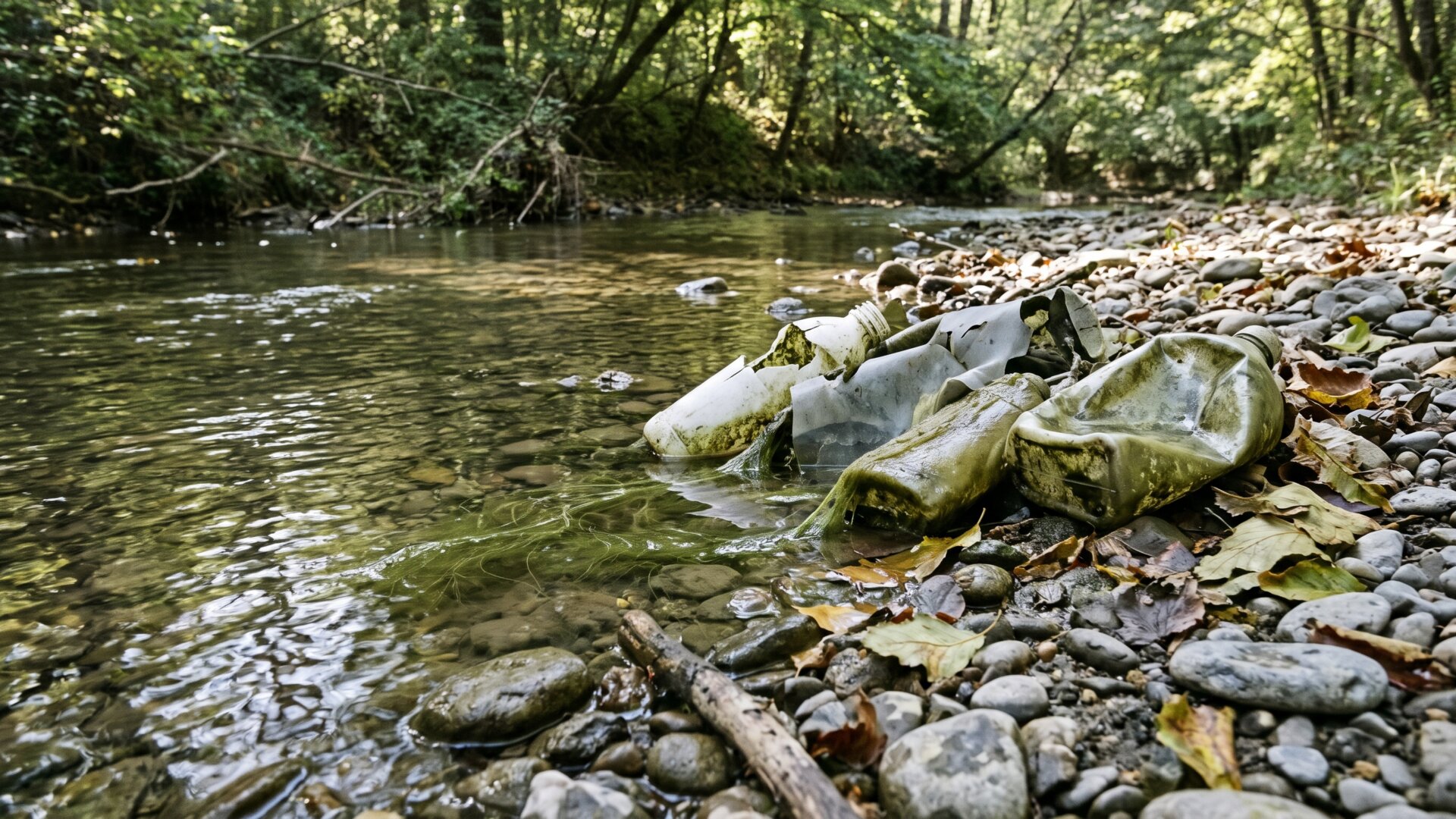 Weathered plastic debris in a shallow stream margin, coated in biofilm, illustrating the plastisphere described on this slide.