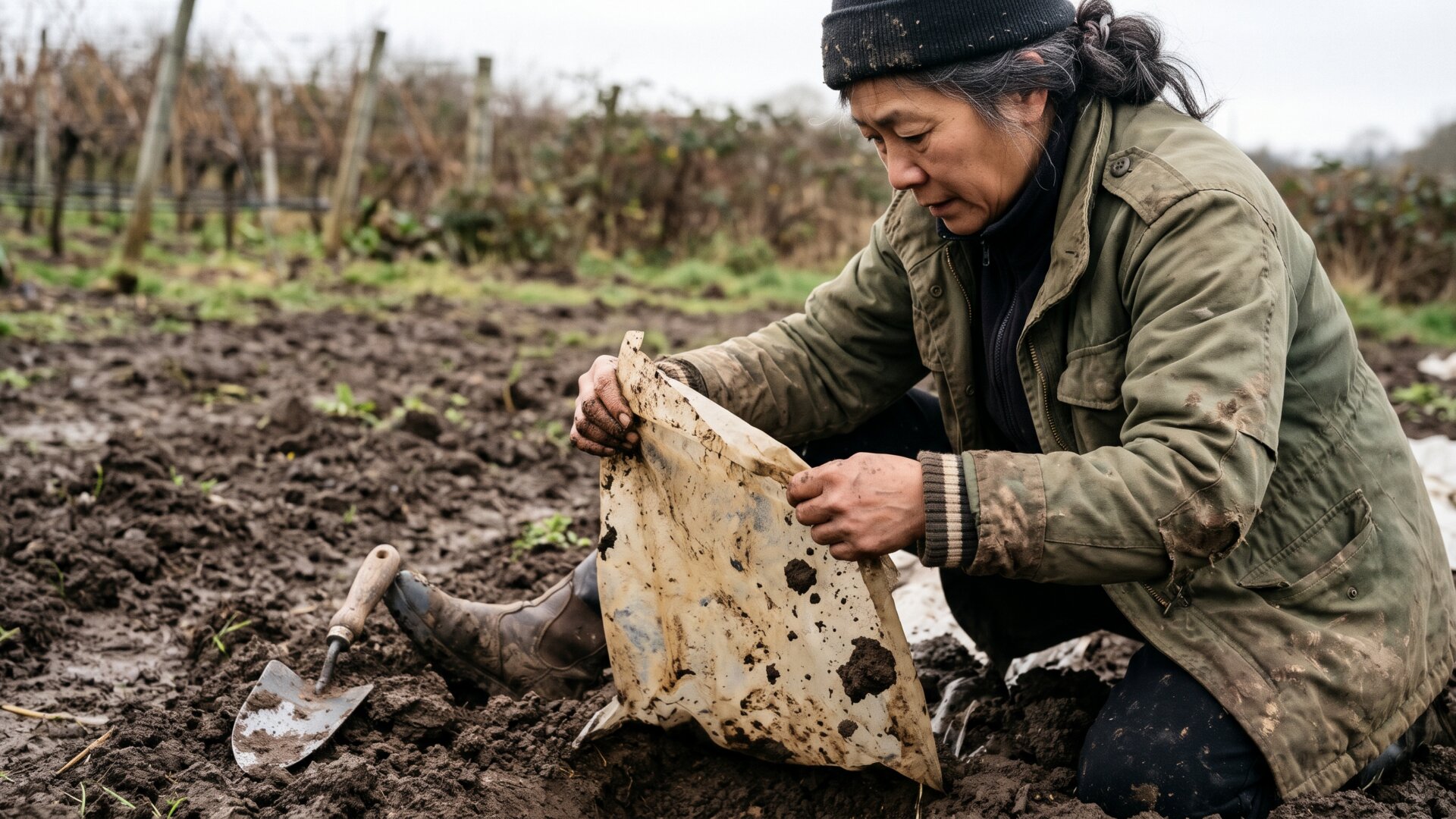 A partly degraded film sheet lifted from soil after long burial, matching the year-old intact samples described on this slide.