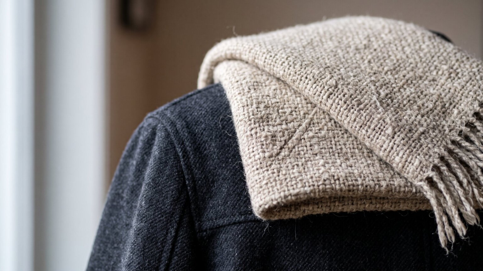 A folded wool scarf resting on a coat sleeve, shot as a single clean object, standing in for slide 1's claim that the scarf is a finishing accessory rather than a bulk layer.