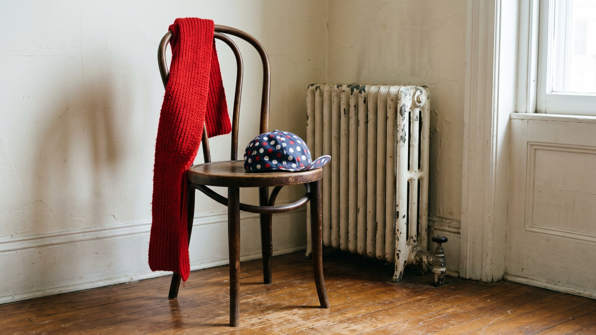 A loosely draped red knit scarf and a patterned cap on a chair back, matching slide 2's unstructured method and its deliberate clash of pattern against solid color.