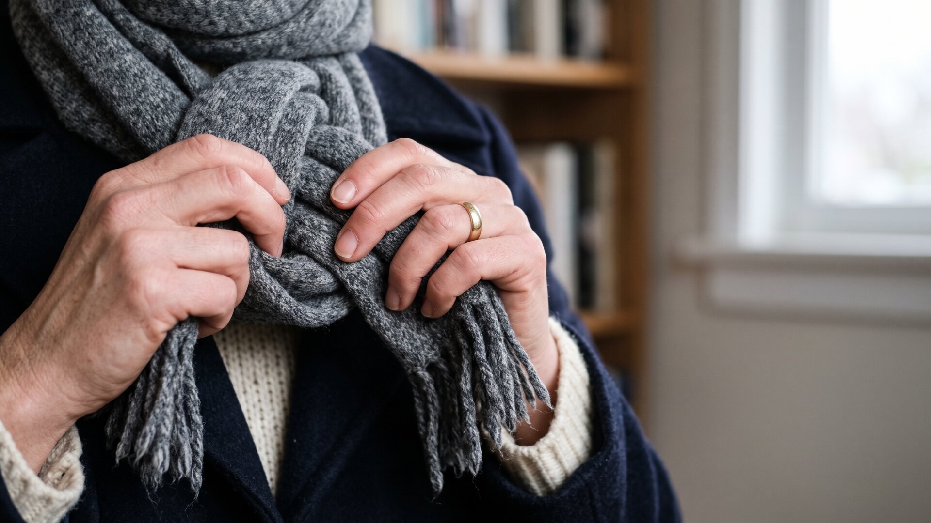 Hands pulling two scarf ends through a fold loop, which is the exact mechanical step slide 3 describes for the French twist.