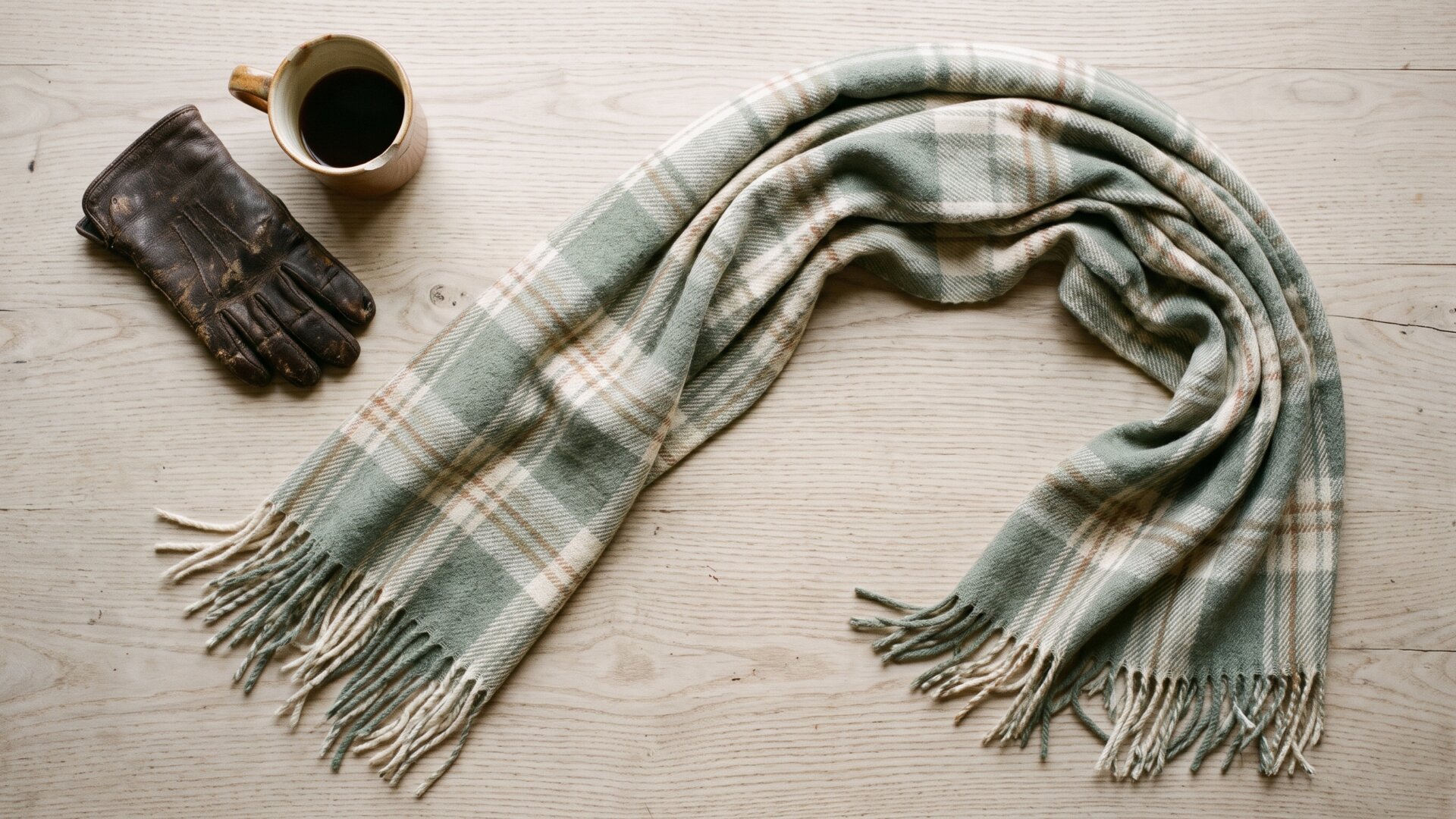A long blanket scarf laid out in a three-quarter curve on a table, visualizing the 270 degree wrap and uneven ends specified in slide 4.