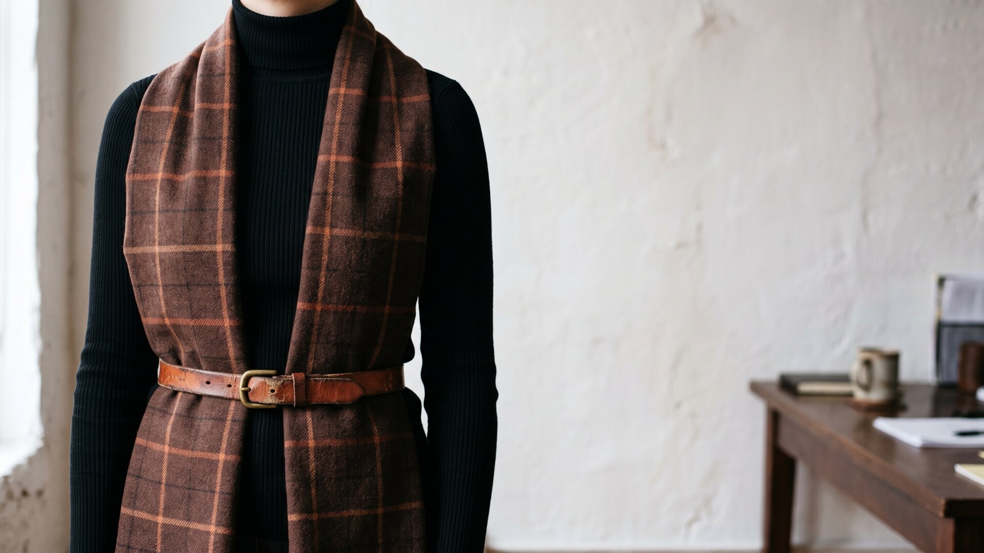 A shoulder-draped scarf cinched by a thin belt at the waist, the exact construction slide 5 describes for the belted wrap.