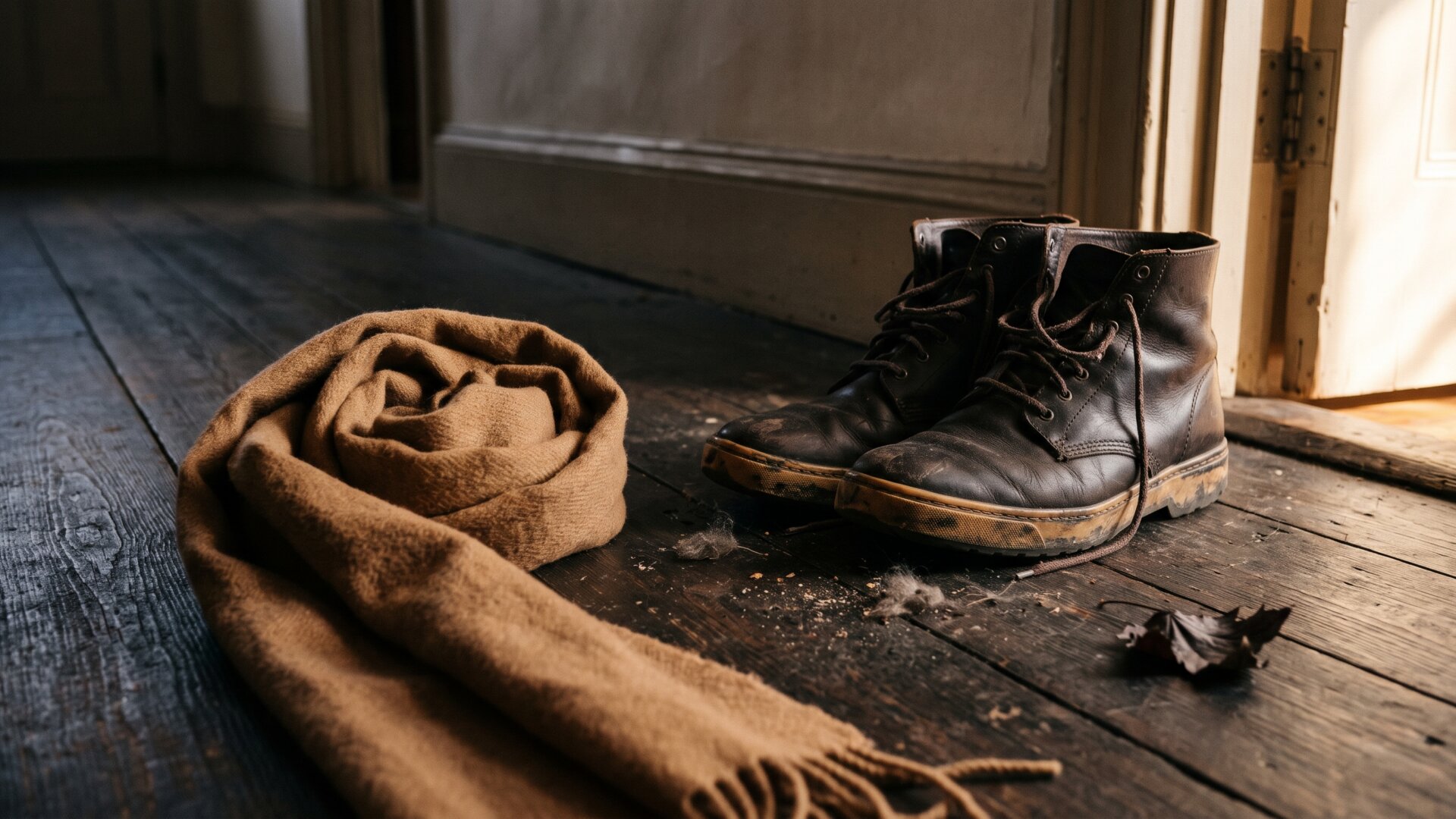 A camel scarf placed beside tan-soled boots on a hallway floor, showing the exact color echo slide 6 uses as its worked example.