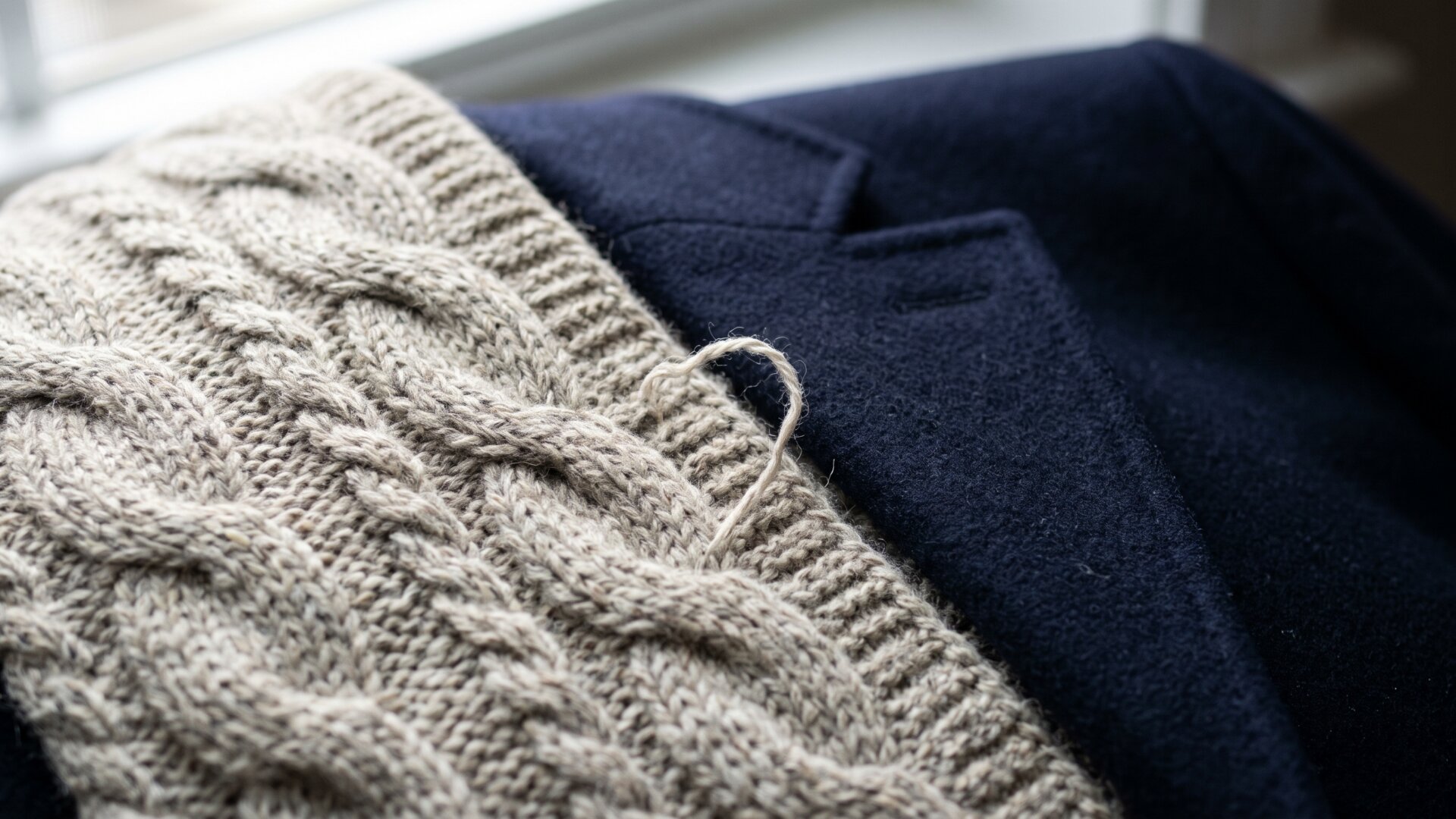A chunky knit scarf resting on a smooth wool coat, showing the surface contrast slide 9 names as the texture clash.