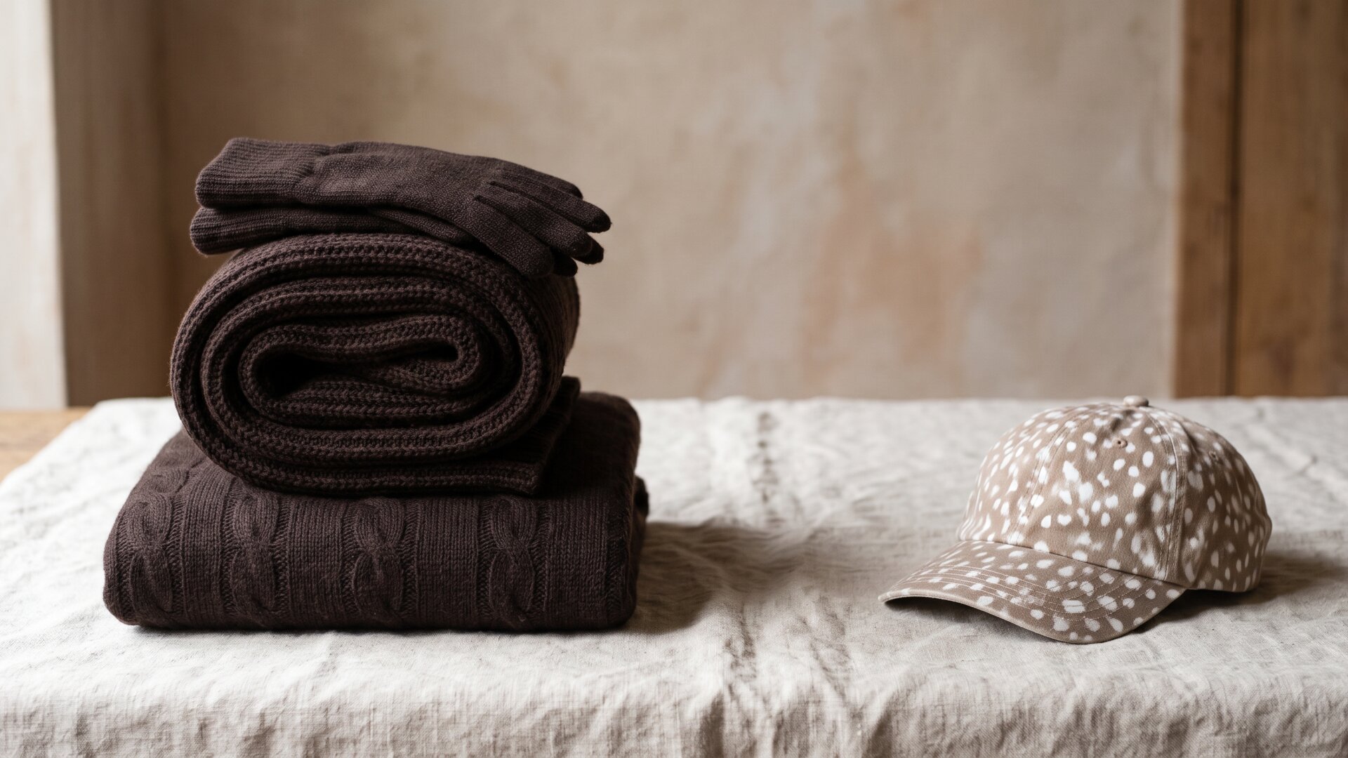 Three chocolate-toned knit pieces stacked in one continuous column, standing in for the unbroken vertical line slide 10 attributes to tonal dressing.