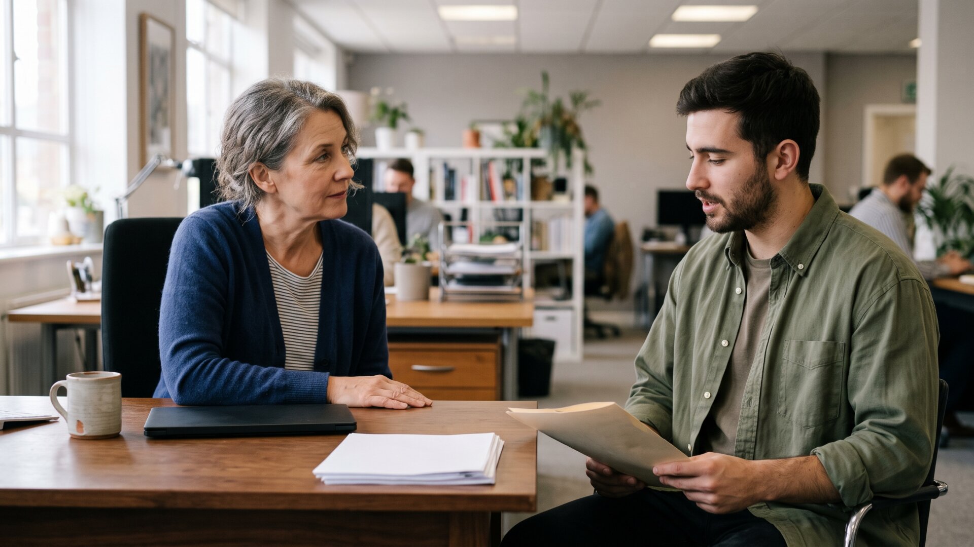 Two people seated across a desk mid-conversation, the interview room where both counselors' advice applies.