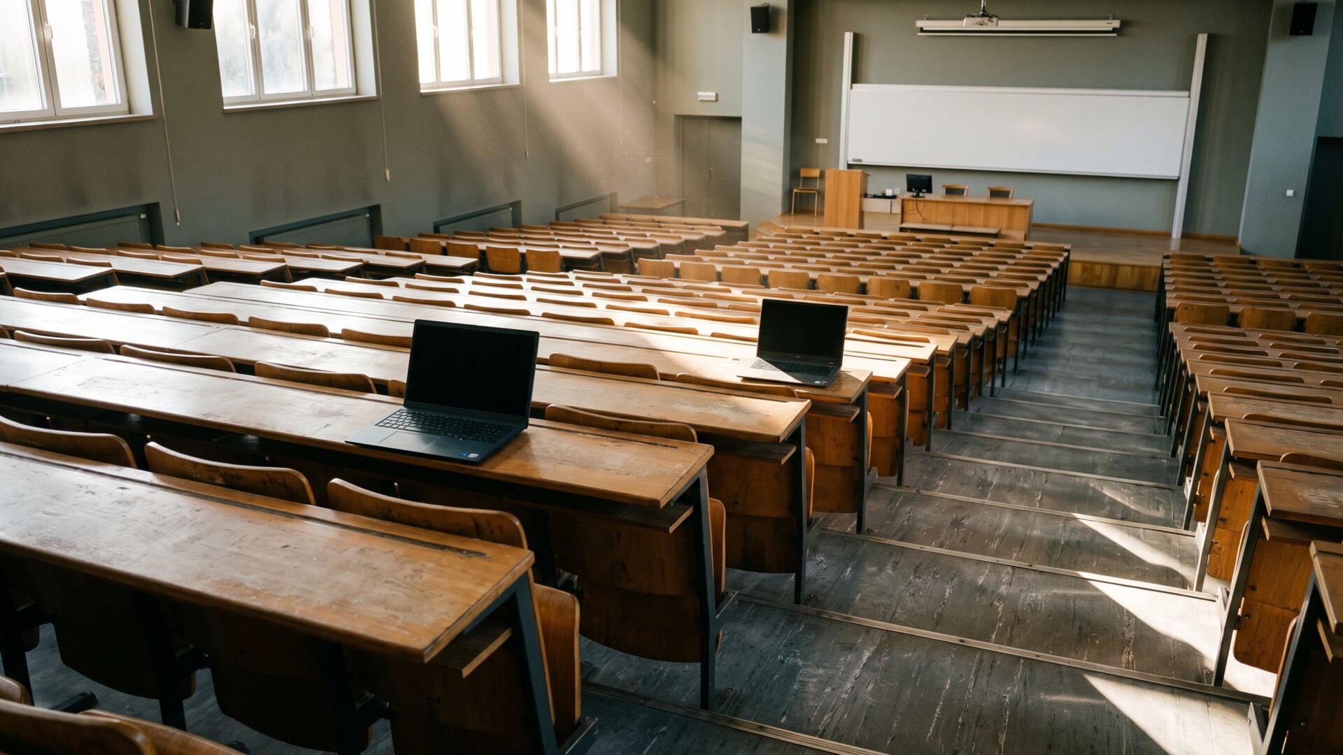An empty university lecture hall with laptops left open, standing for the years of remote schooling Hendler-Grunt named as the cause.