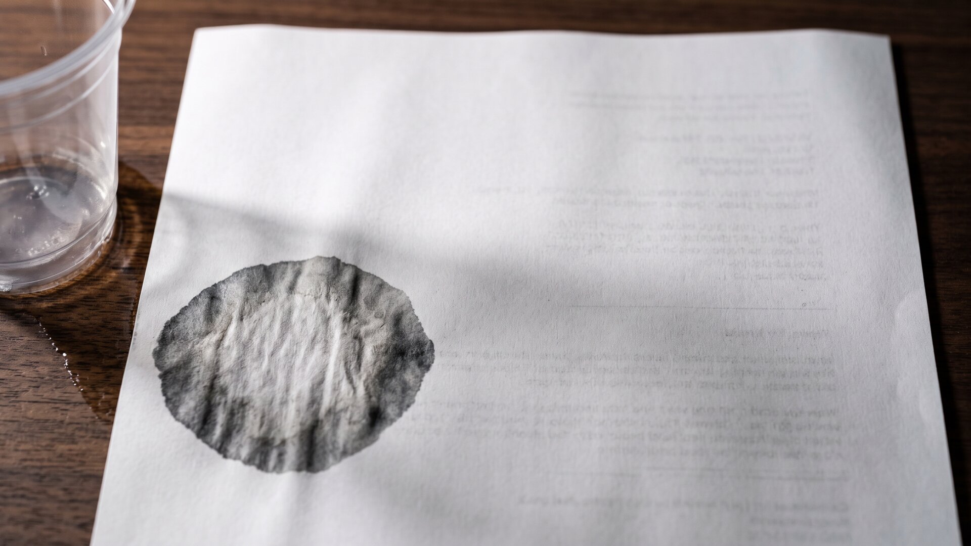 A damp ring spreading across loose printed paper, the stained-resume failure the objections describe.