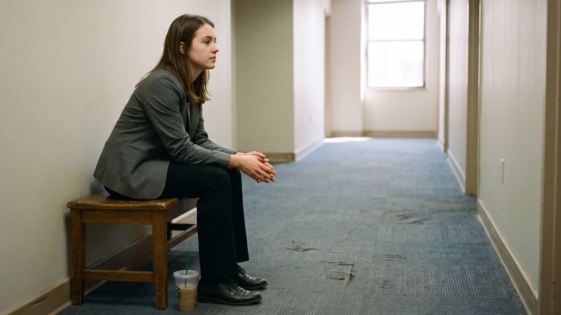 A person waiting alone outside a meeting room with a drink set deliberately on the floor, the timing decision O'Donnell leaves to the candidate.