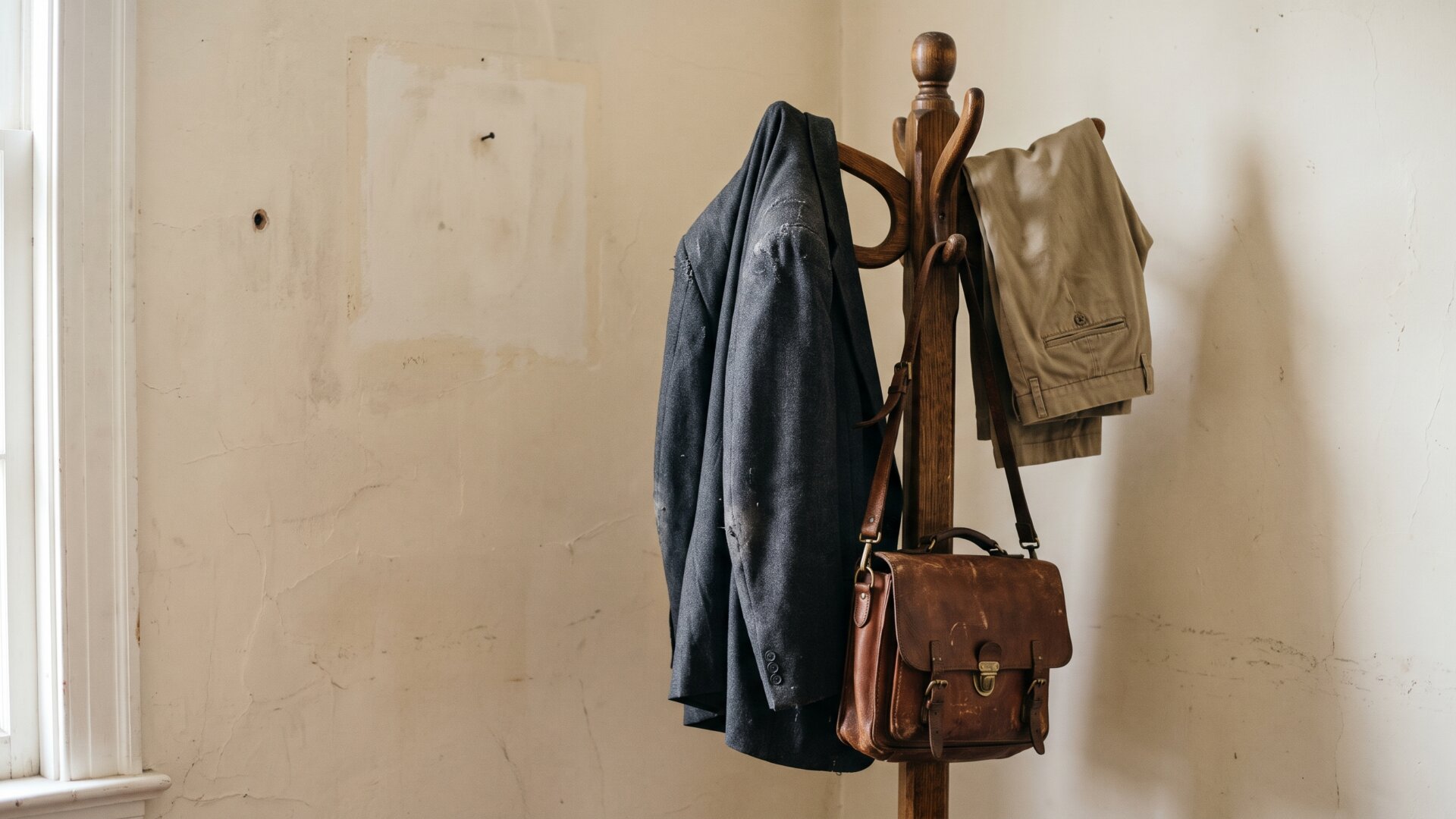A suit and a pair of khakis hanging together on an office coat rack, the business casual shift Gen X pushed through.
