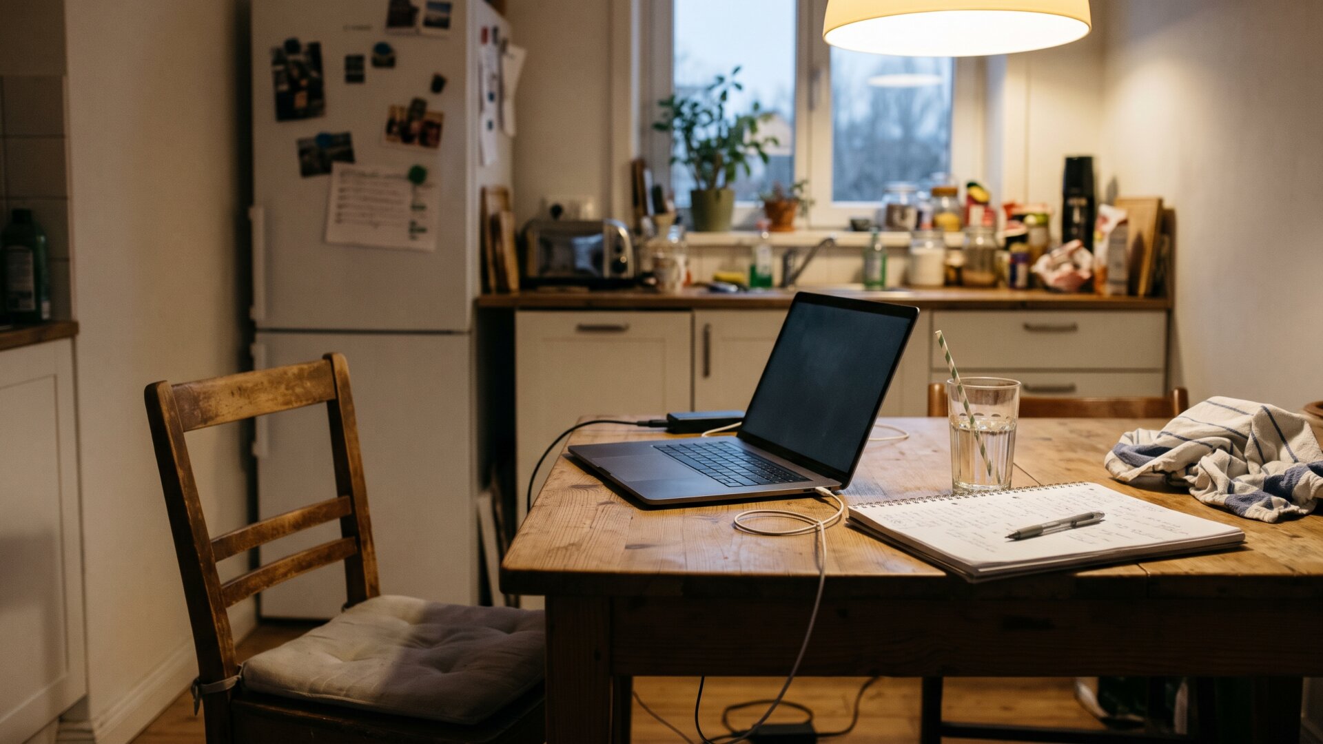 A kitchen table set up for a video interview, the room where younger candidates learned the conventions they are now applying.