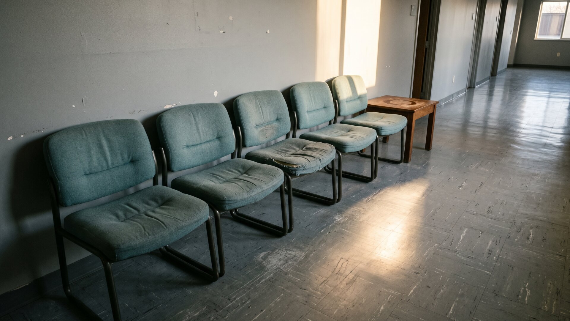 A row of worn office chairs in a waiting area, the accumulated interviews through which a convention quietly settles.