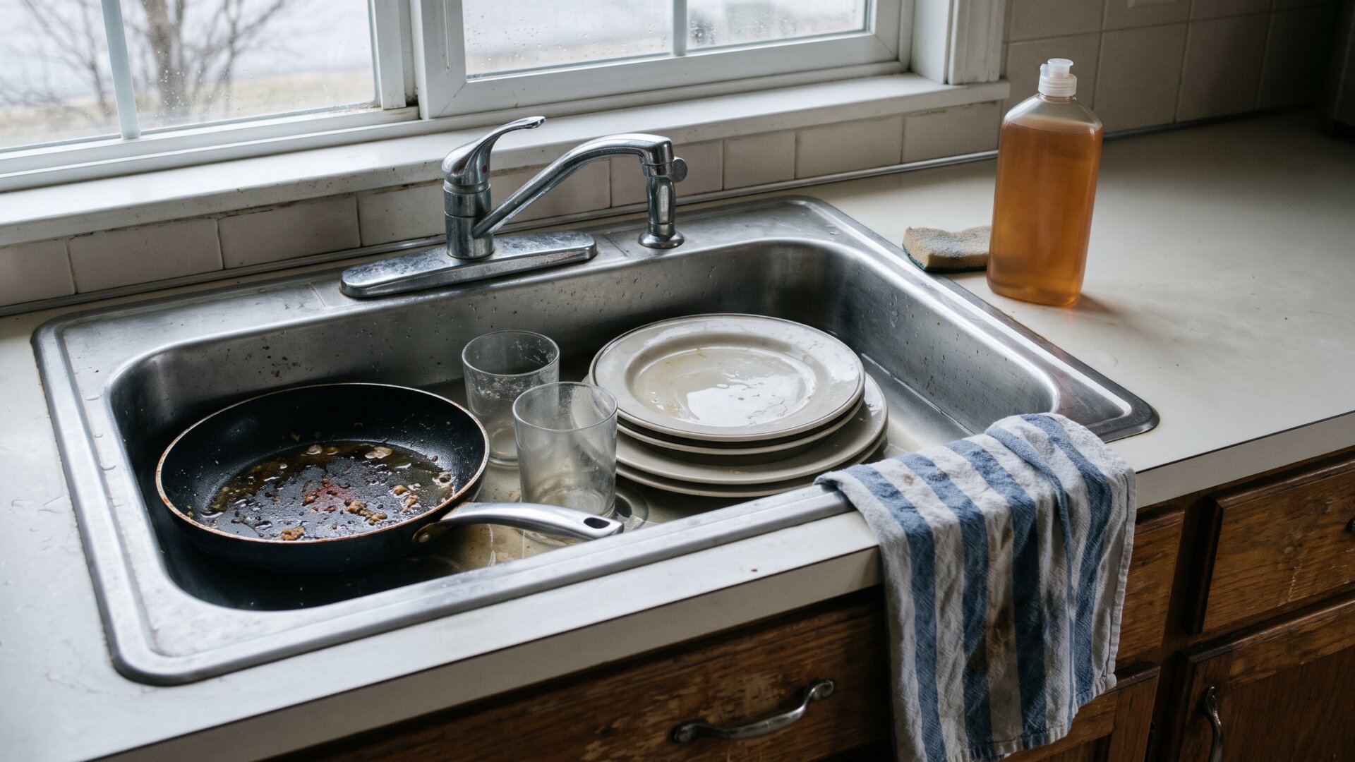 A rental kitchen sink with dirty dishes left stacked, illustrating the dish-washing dispute that sits at the center of the fee complaint.