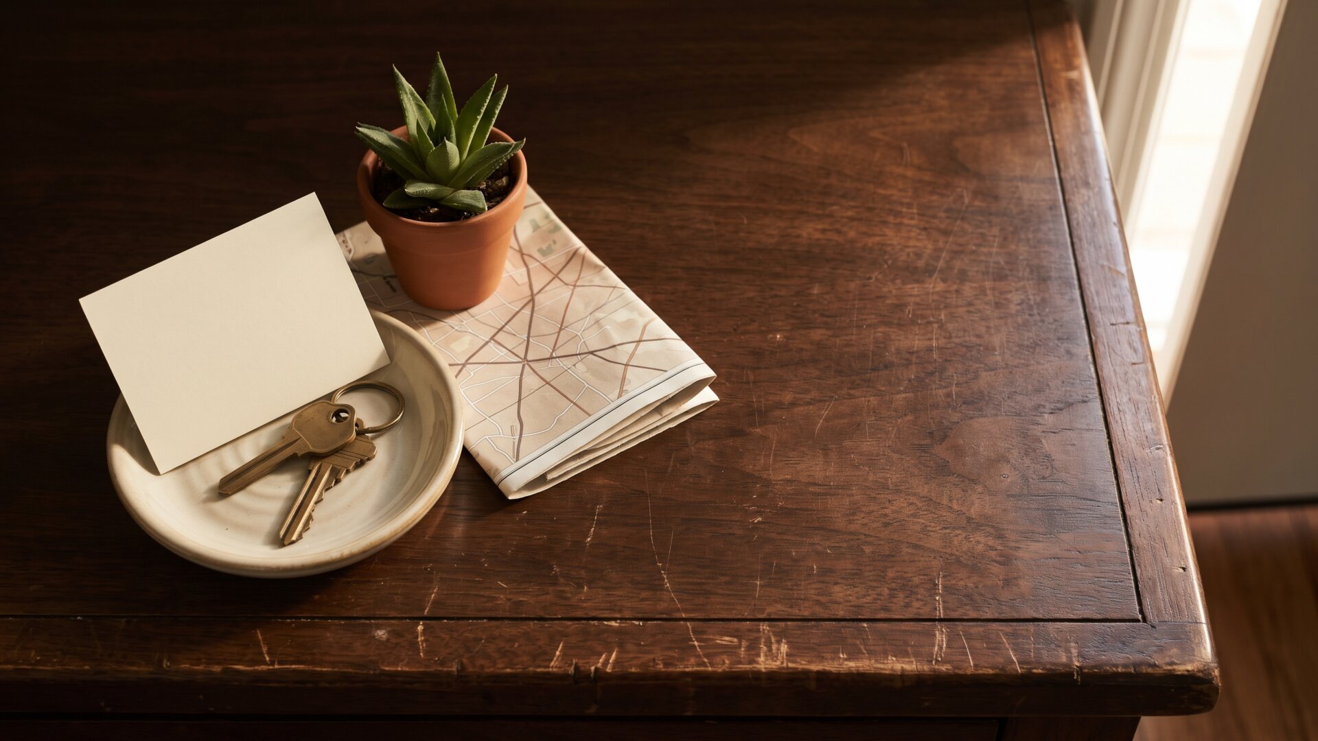 A printed house-rules card on an entry table, standing in for the seven standard rules now required on the listing page before booking.