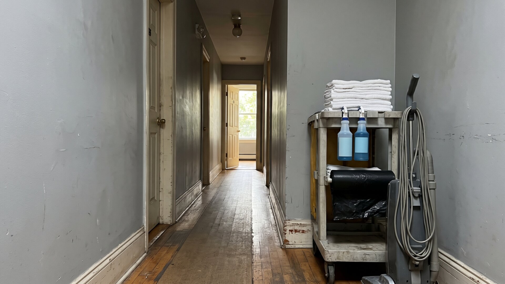 A cleaner's cart and supplies staged in a hallway, showing the turnover labor the restricted chores belong to.