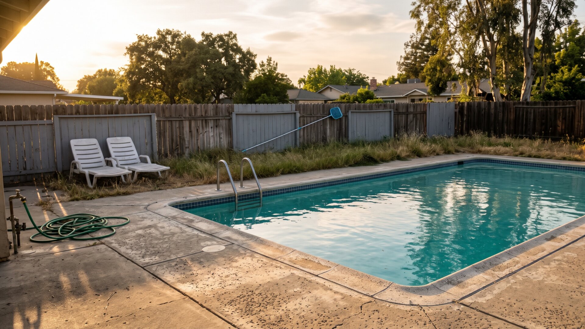 An unused backyard swimming pool at a rental, the kind of advertised amenity hosts can no longer close off.